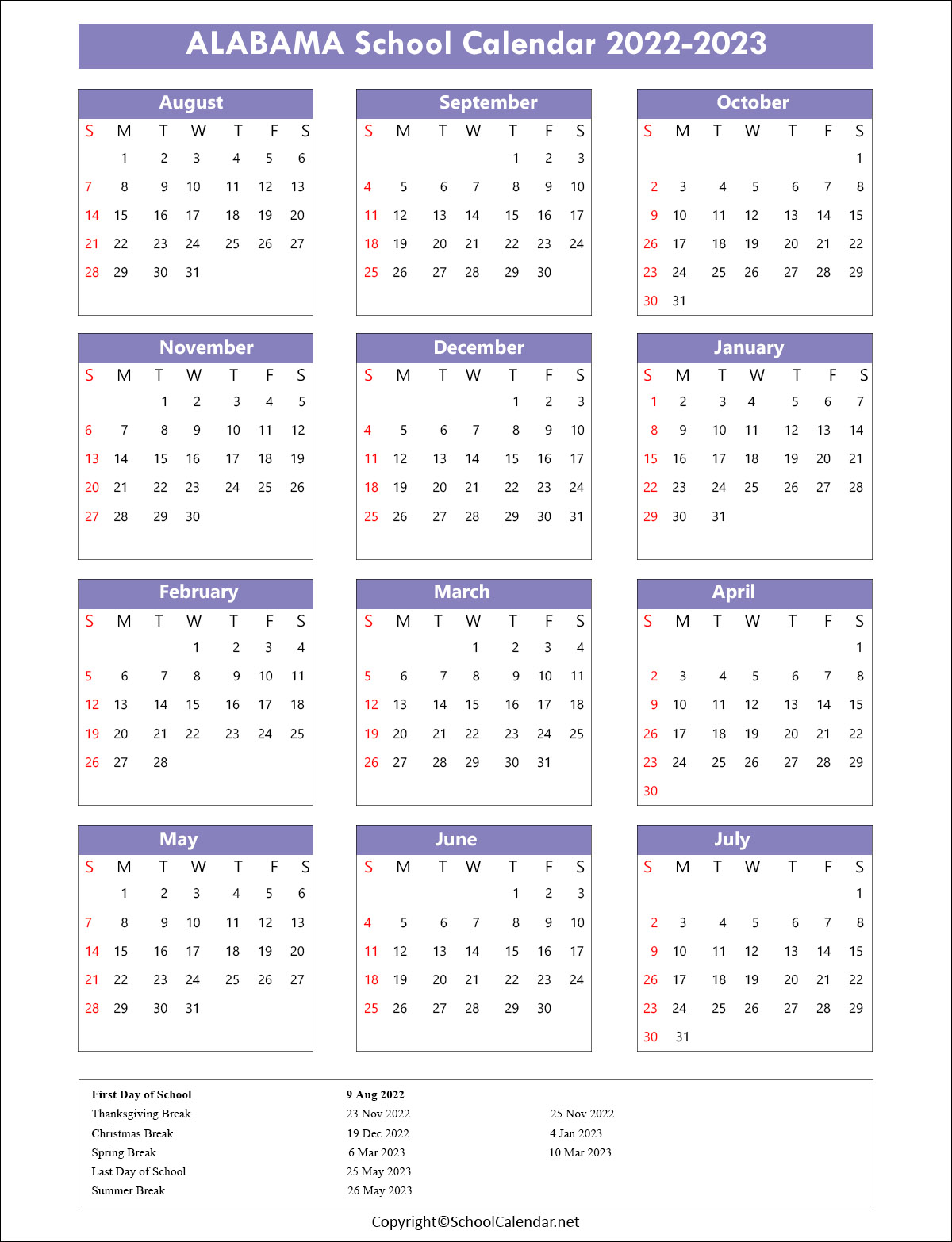 Alabama School Calendar 2022