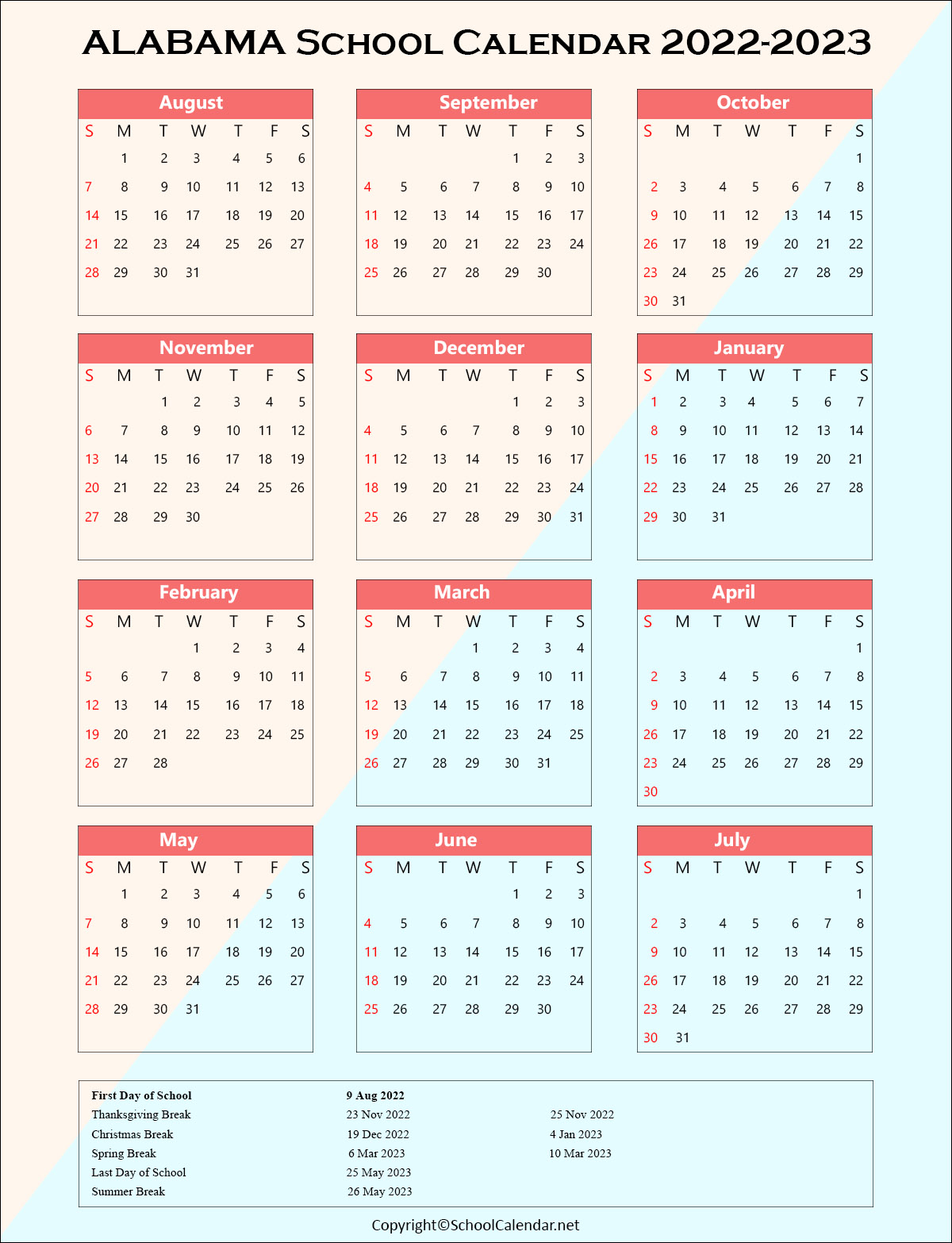 Alabama School Holiday Calendar 2022