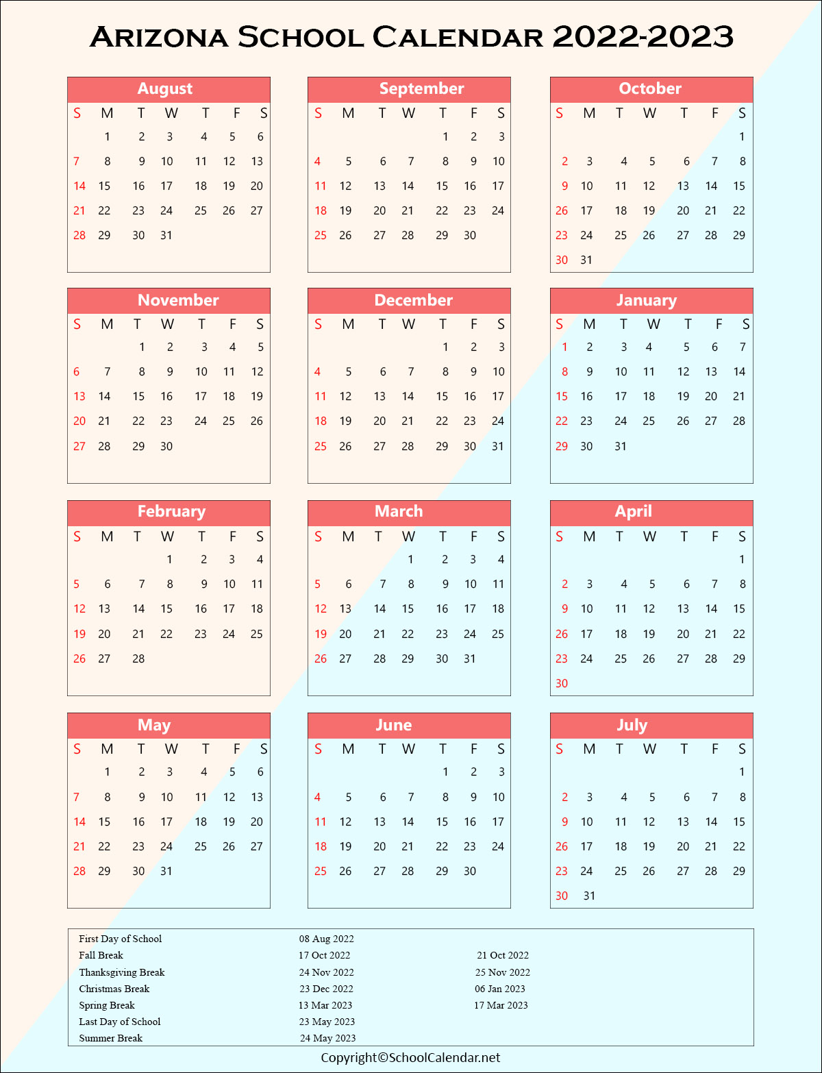 Arizona School Holiday Calendar 2022