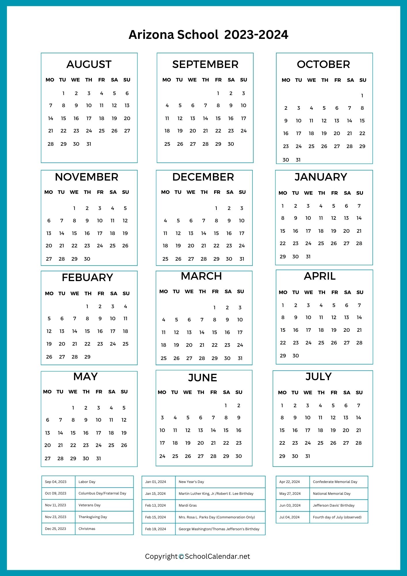 Arizona School Holiday Calendar 2023
