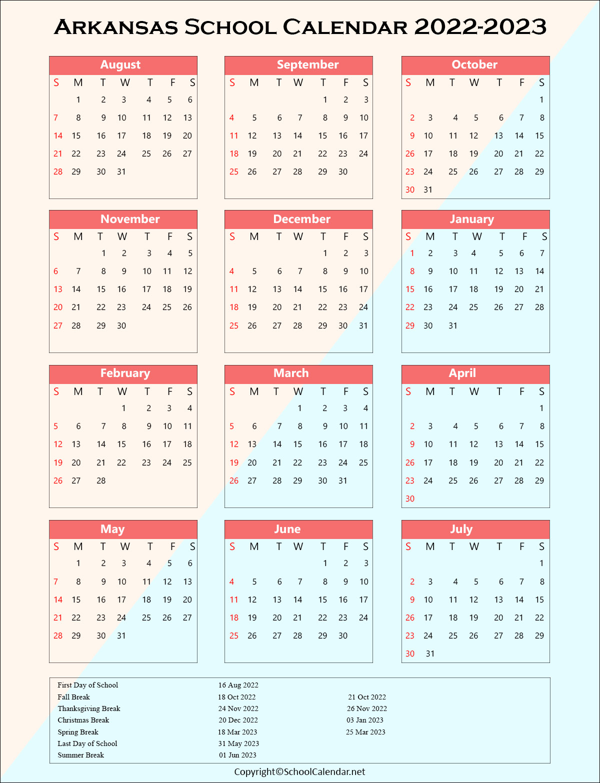Arkansas School Holiday Calendar 2022