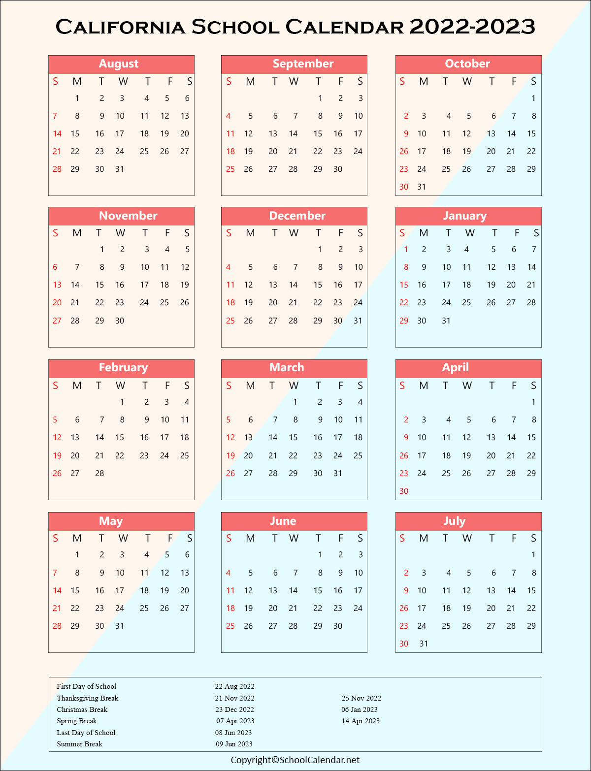 California School Holiday Calendar 2022