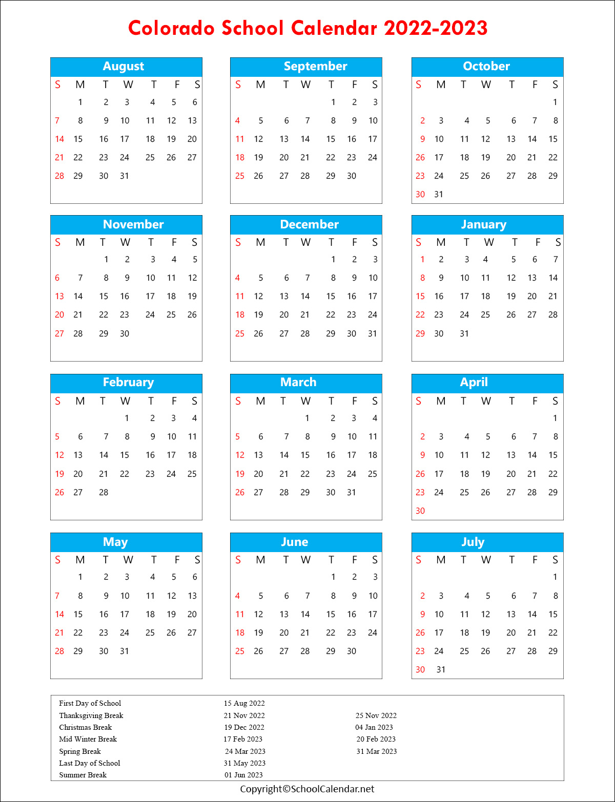 Colorado School Holiday Calendar 2022