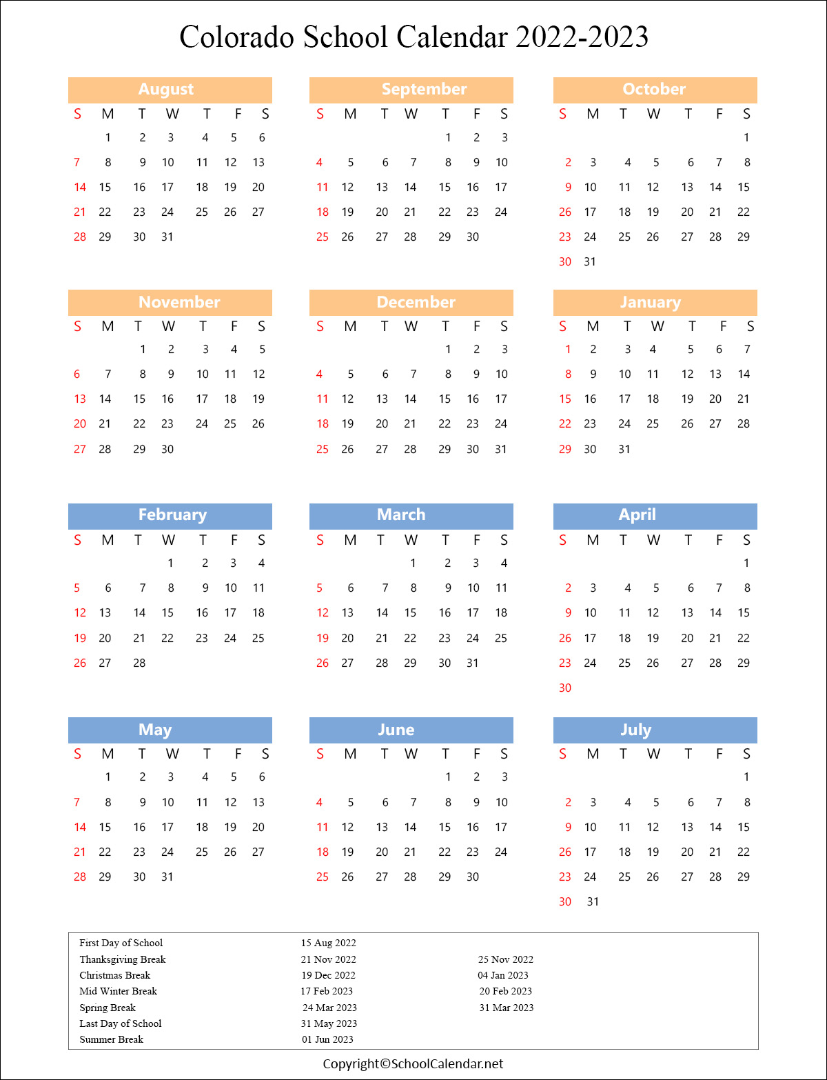 Colorado School Holiday Schedule 2022