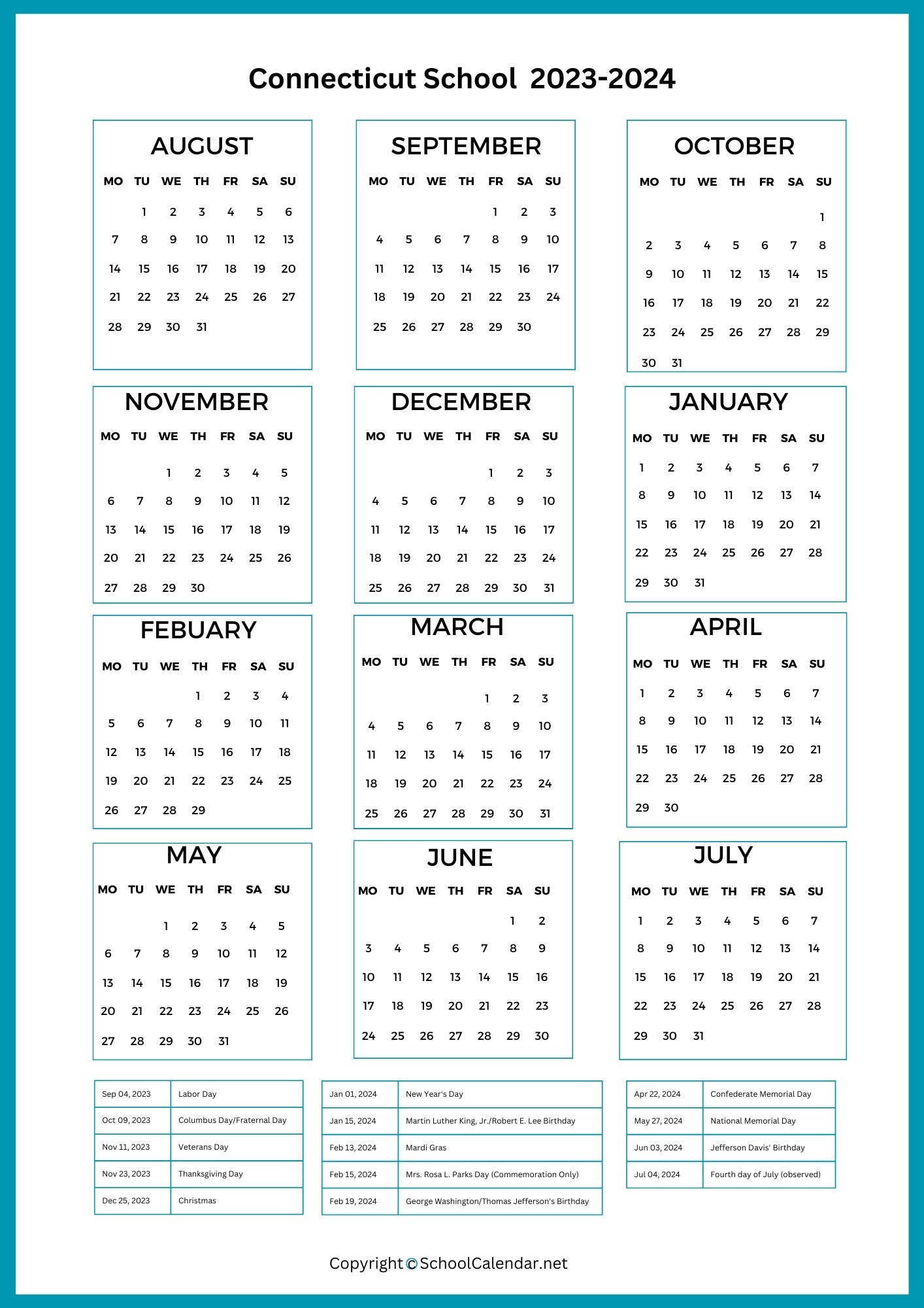 Connecticut School Calendar 2023 2024 County School District 