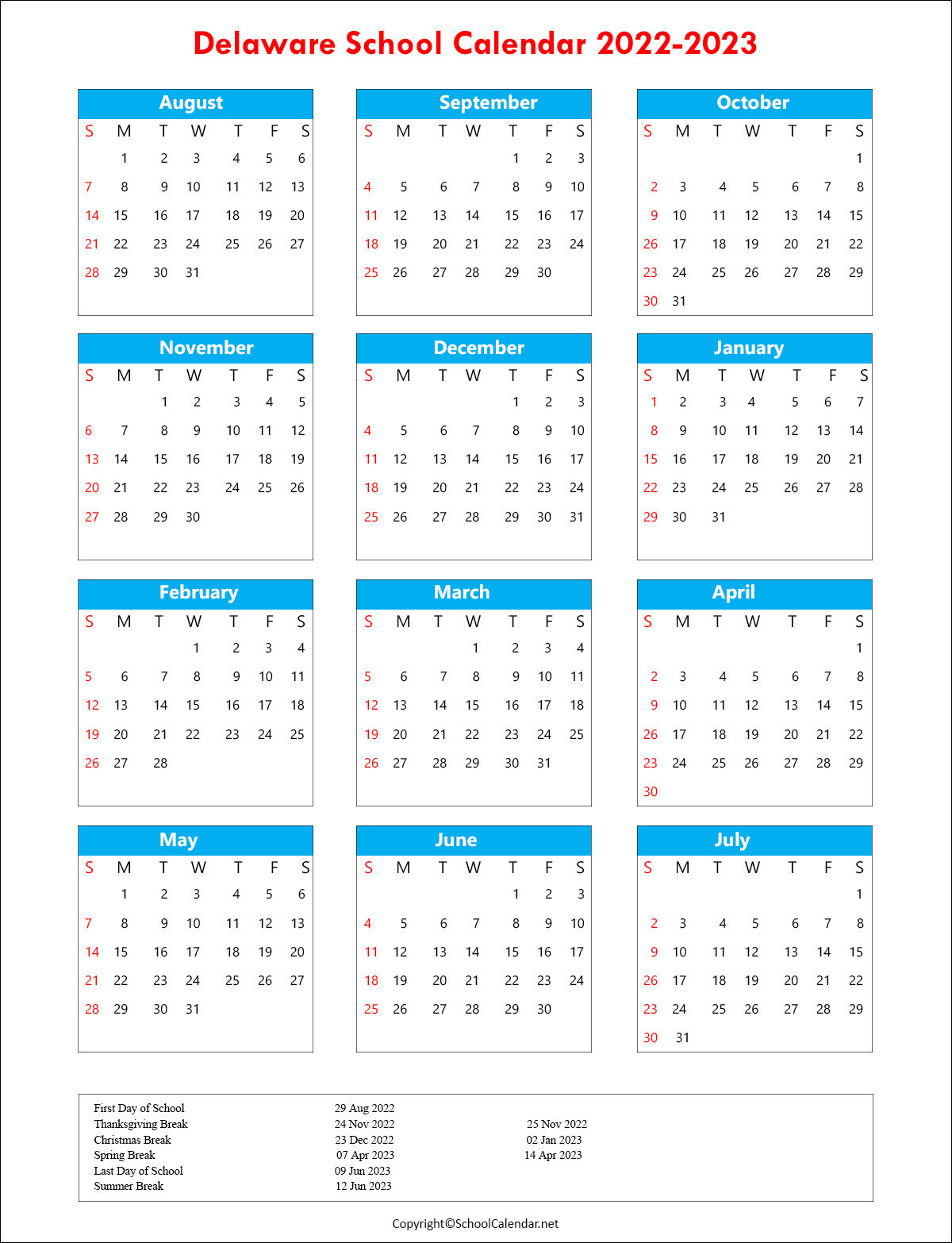 Delaware School Calendar 2022