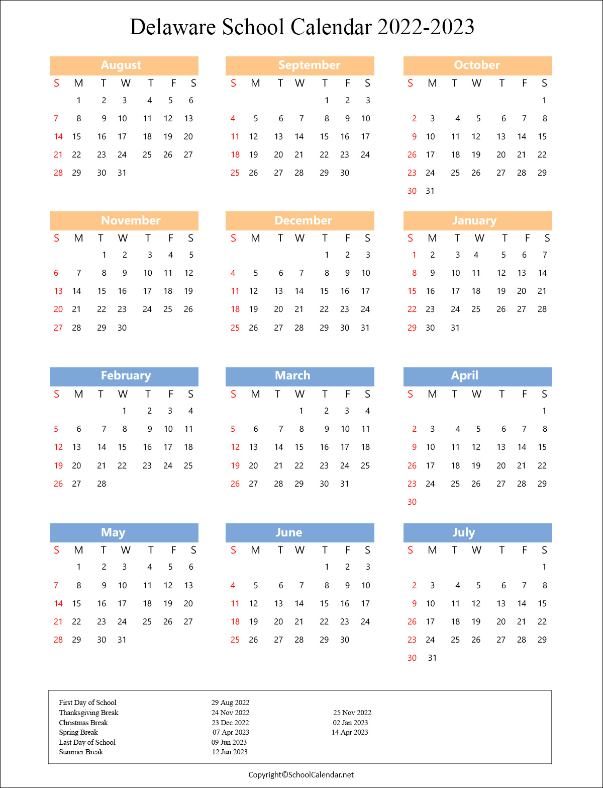 Delaware School Holiday Calendar 2022