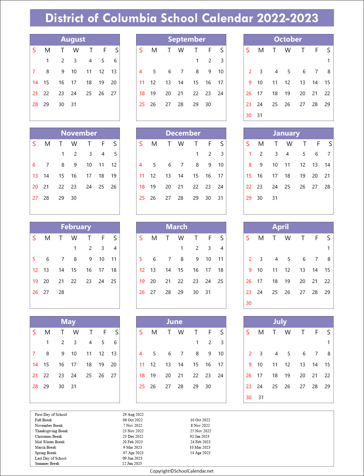 District-Of-Columbia School Calendar 2022
