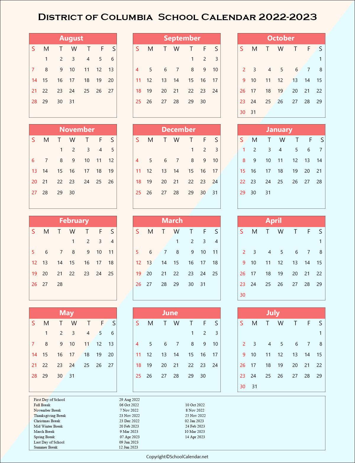 District-Of-Columbia School Holiday Calendar 2022