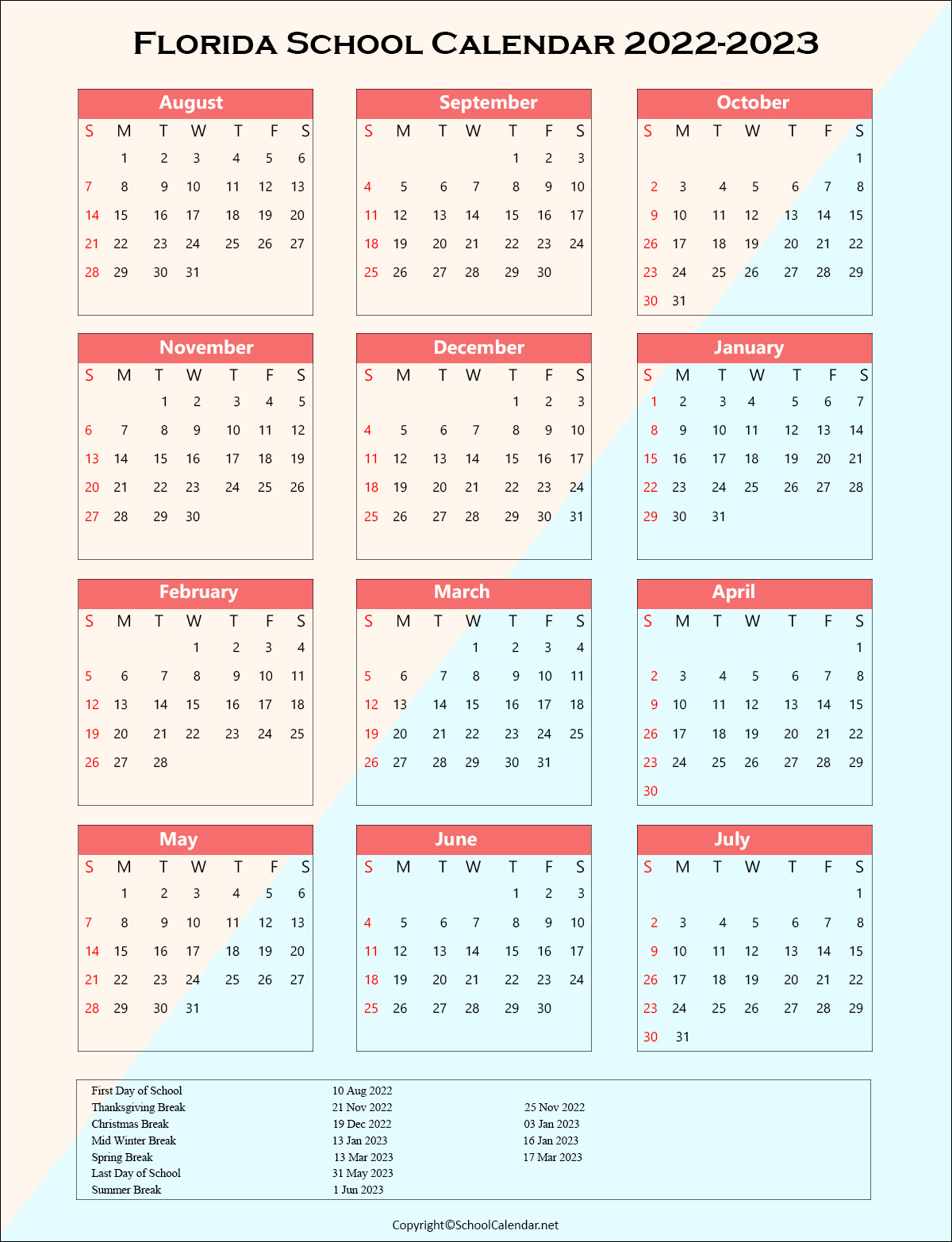 Florida School Holiday Calendar 2022