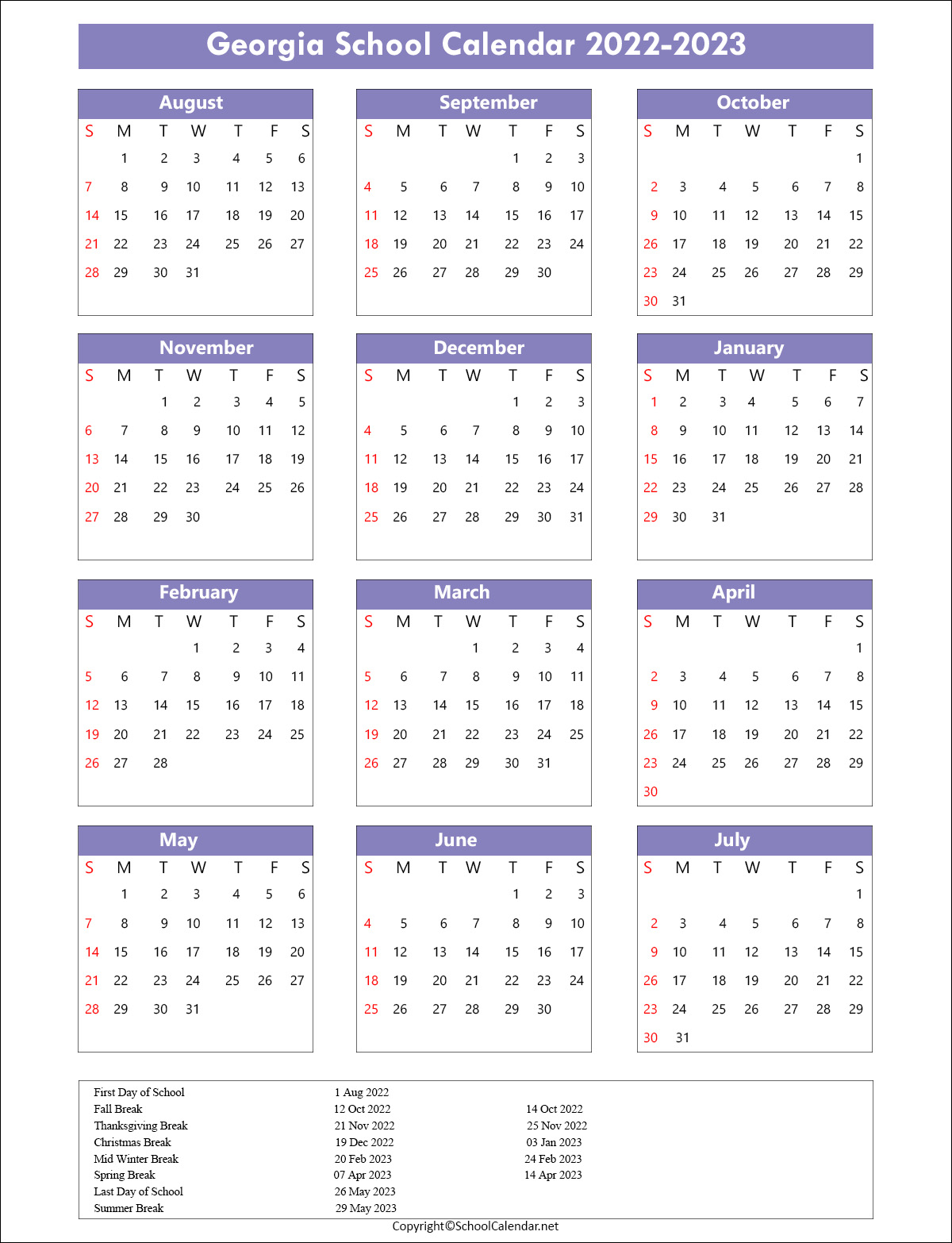 Georgia School Calendar 2022
