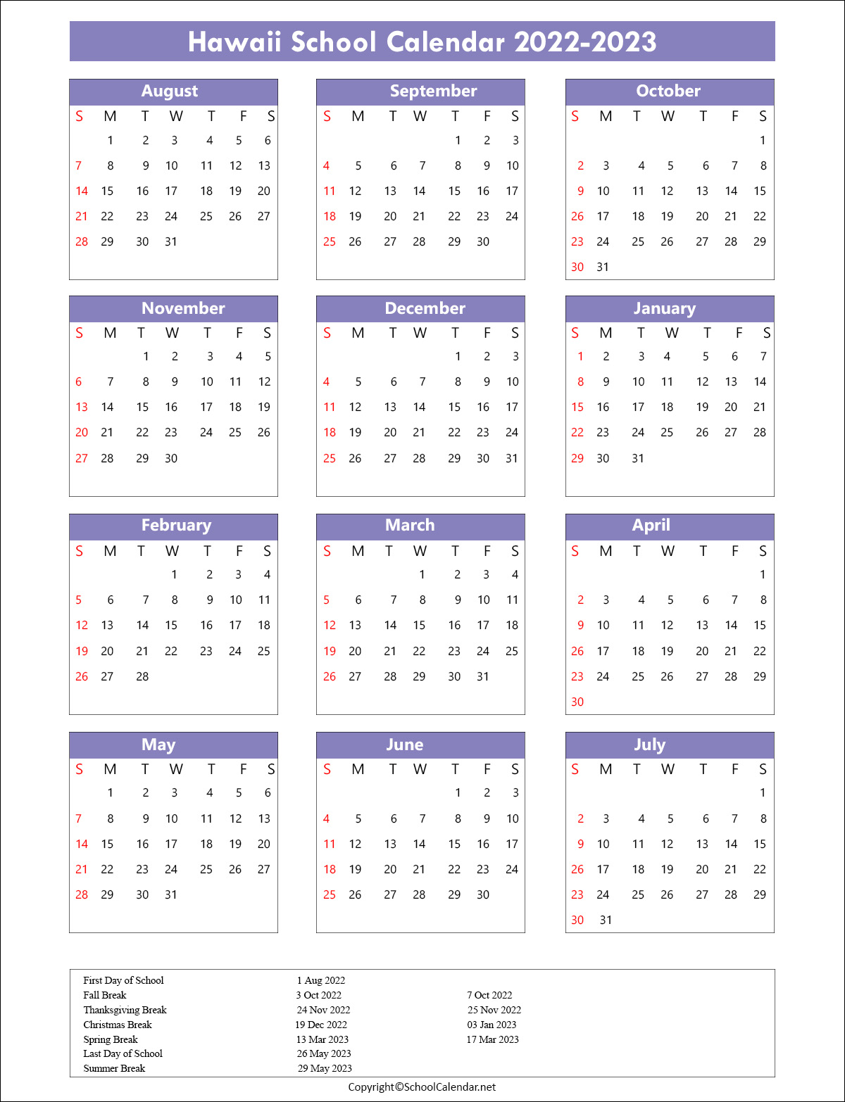 Hawaii School Calendar 2022