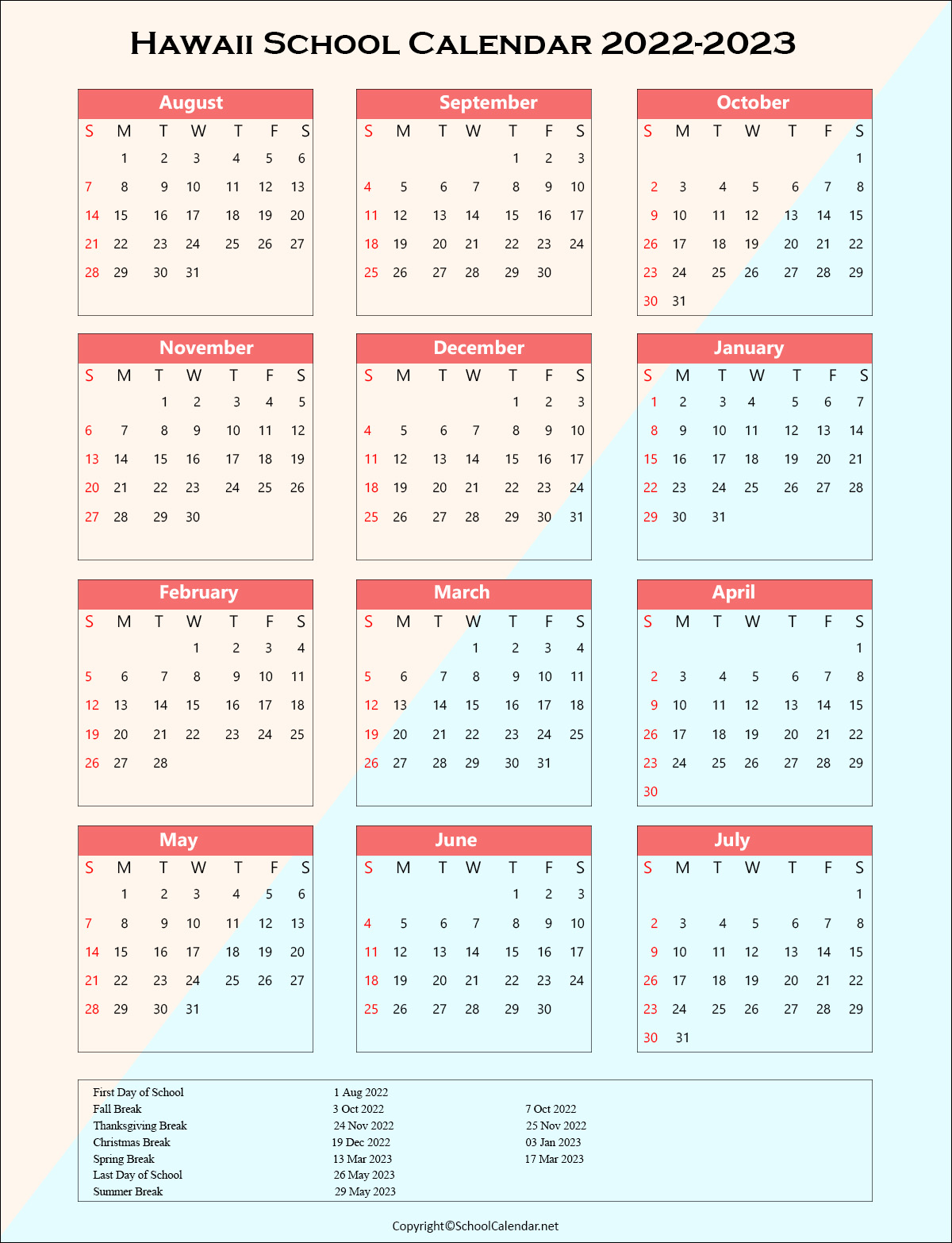 Hawaii School Holiday Calendar 2022