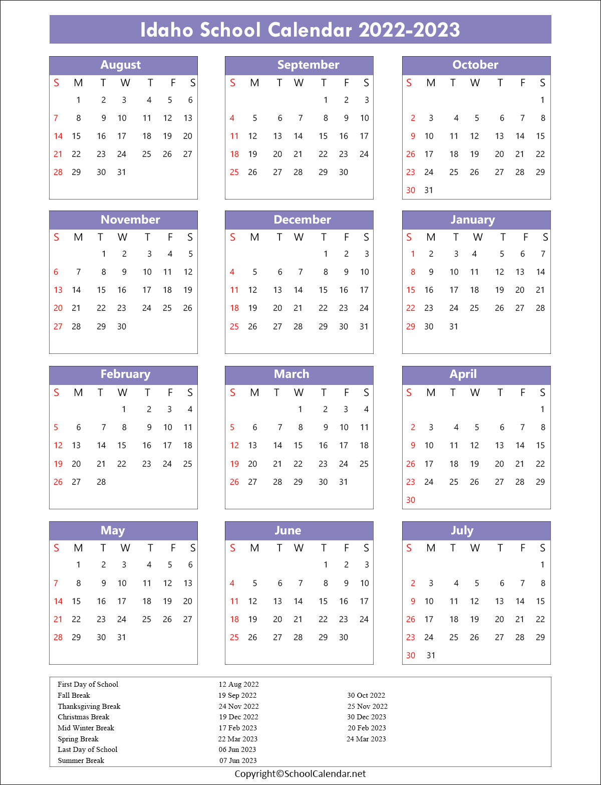 Idaho School Calendar 2022