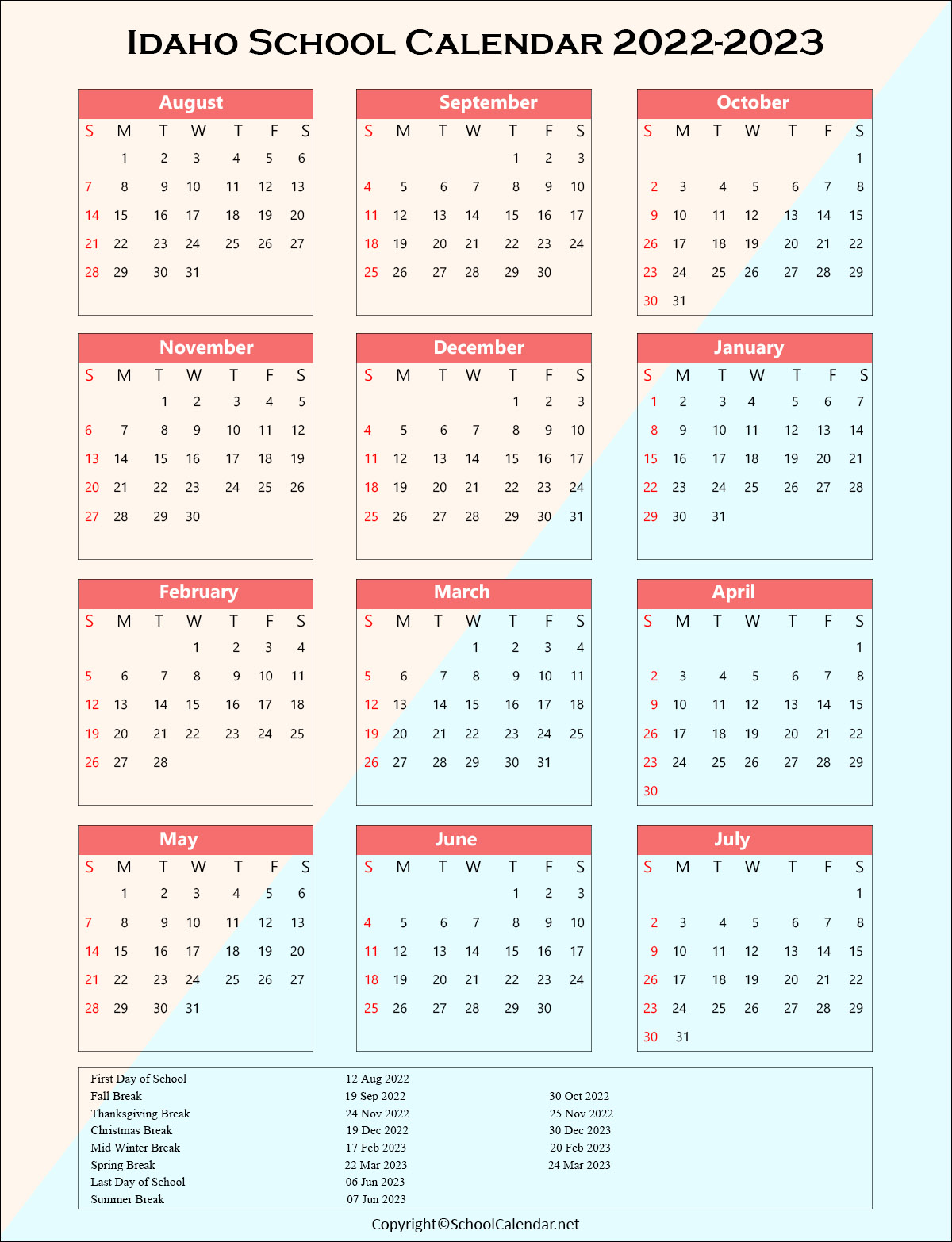 Idaho School Holiday Calendar 2022