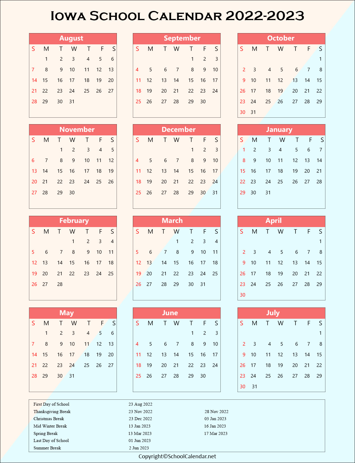 Iowa School Holiday Calendar 2022