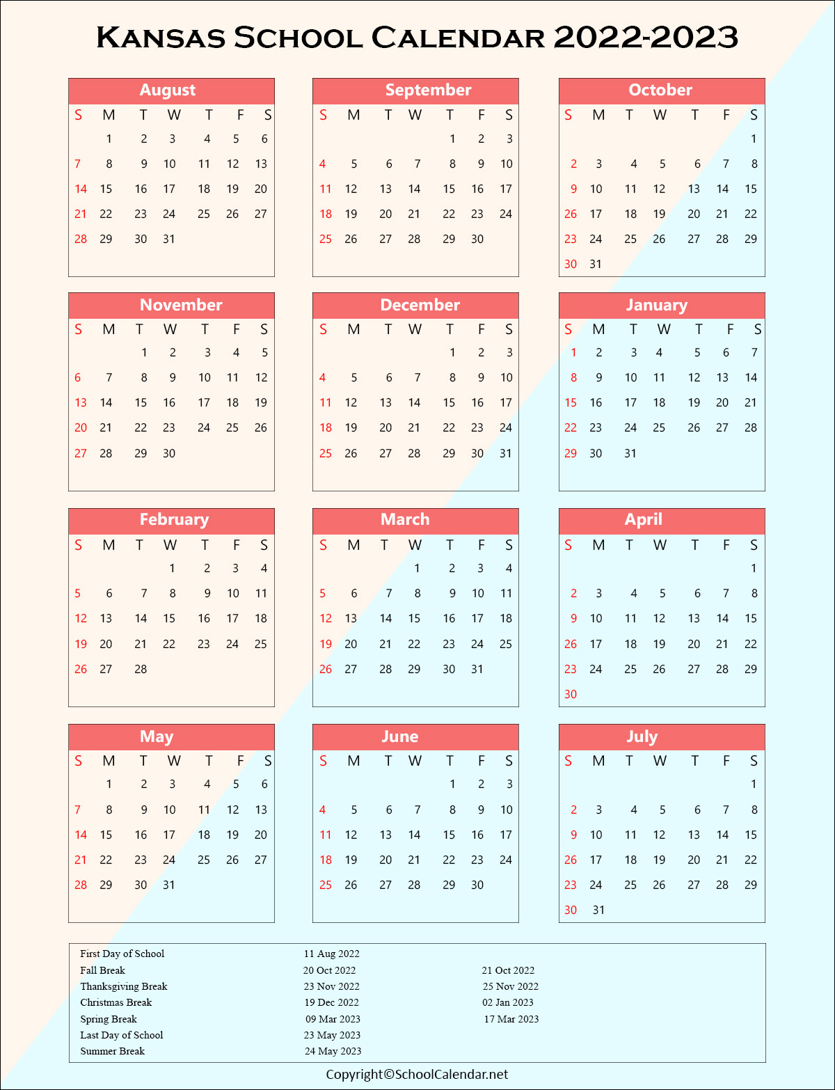 Kansas School Holiday Calendar 2022
