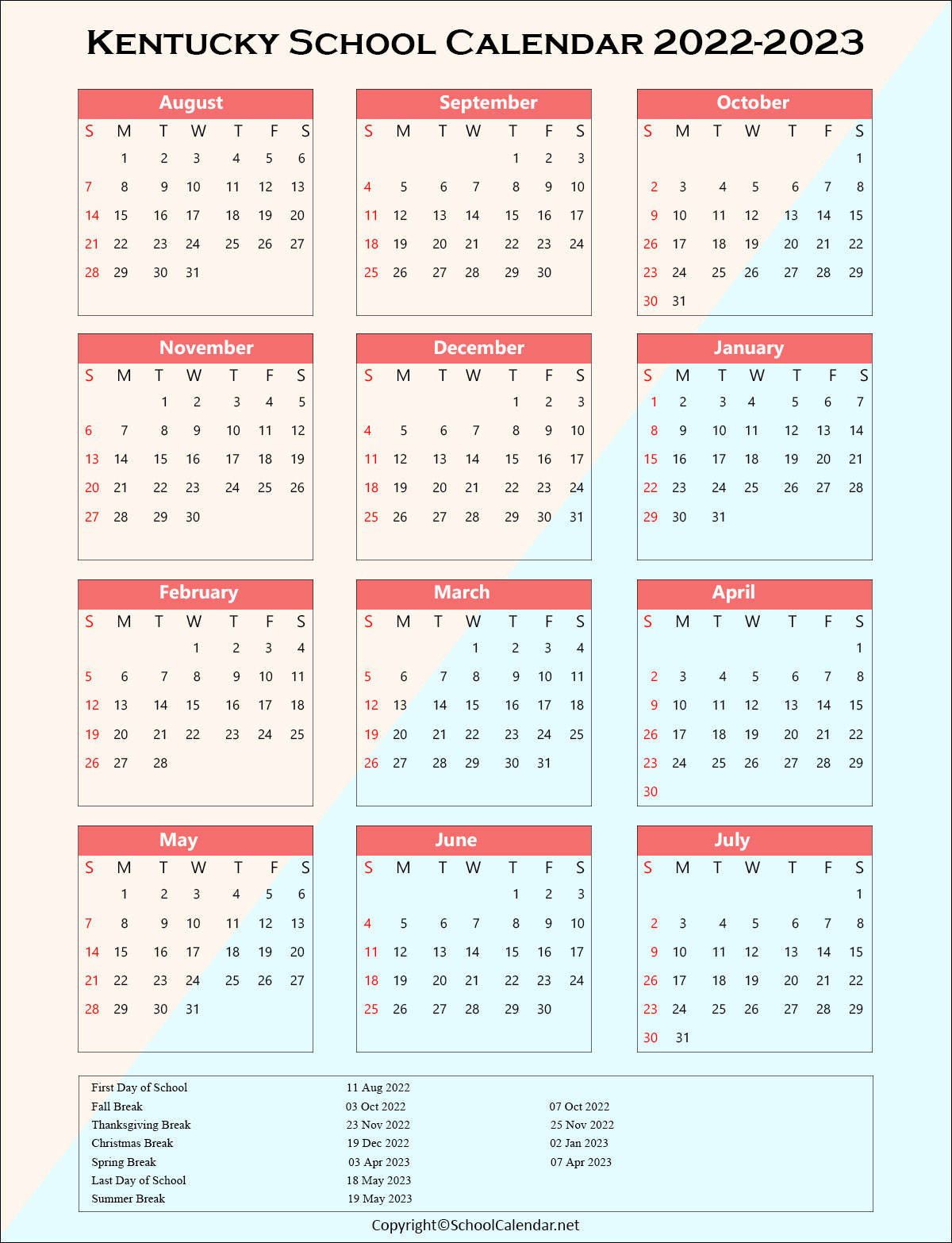 Kentucky School Holiday Calendar 2022
