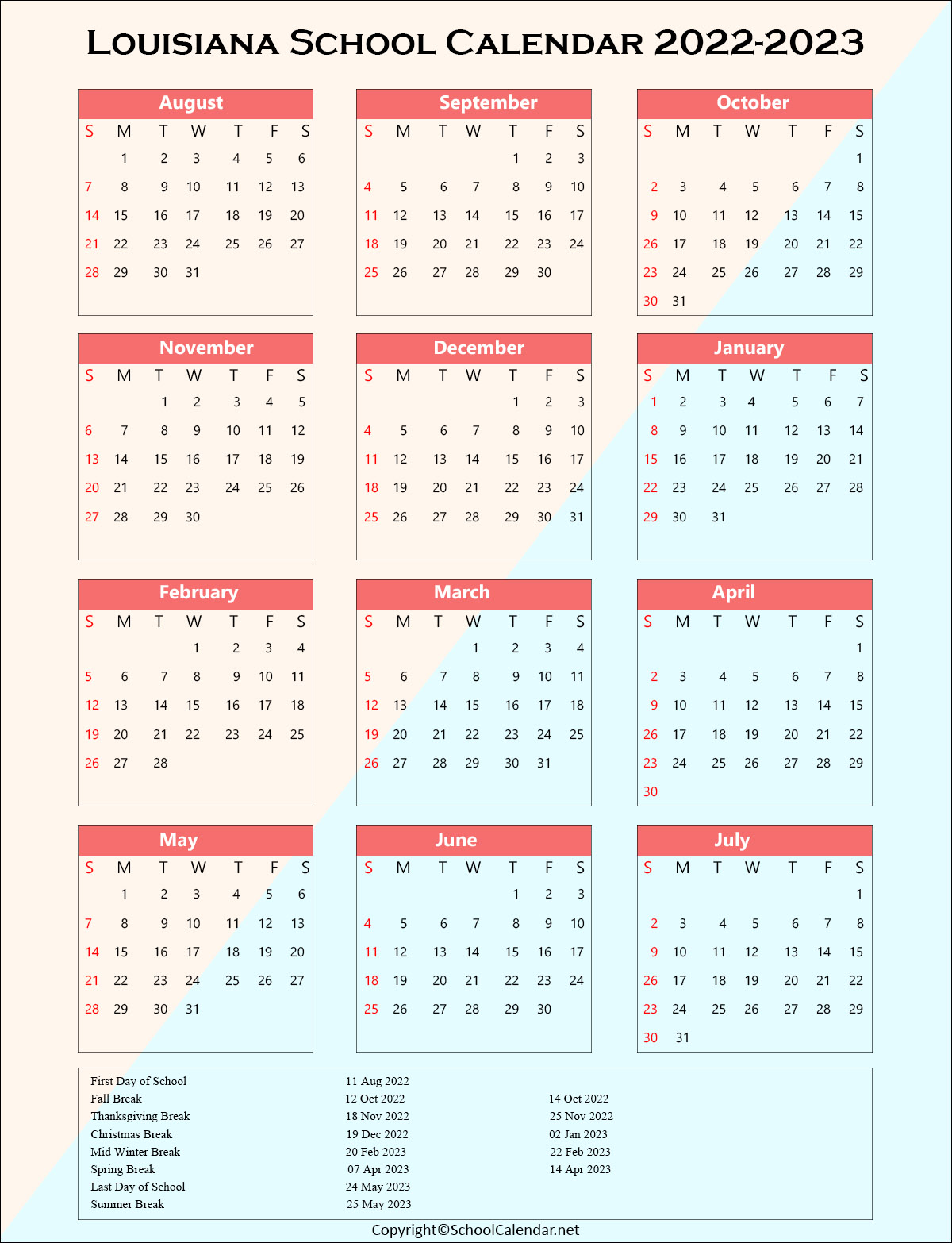 Louisiana School Holiday Calendar 2022