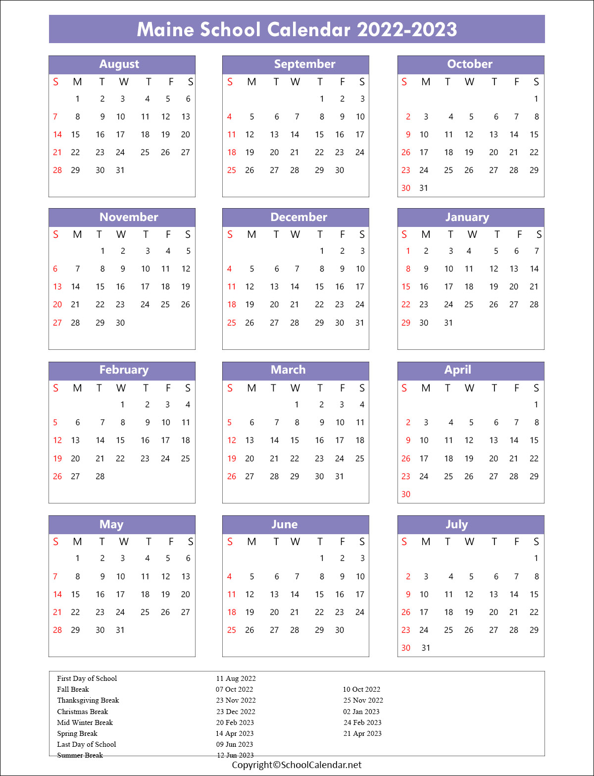 Maine School Calendar 2022