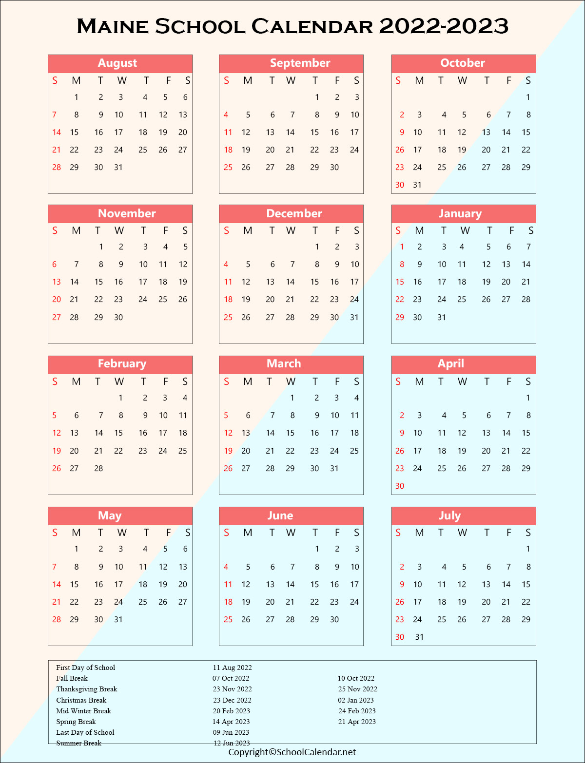 Maine School Holiday Calendar 2022