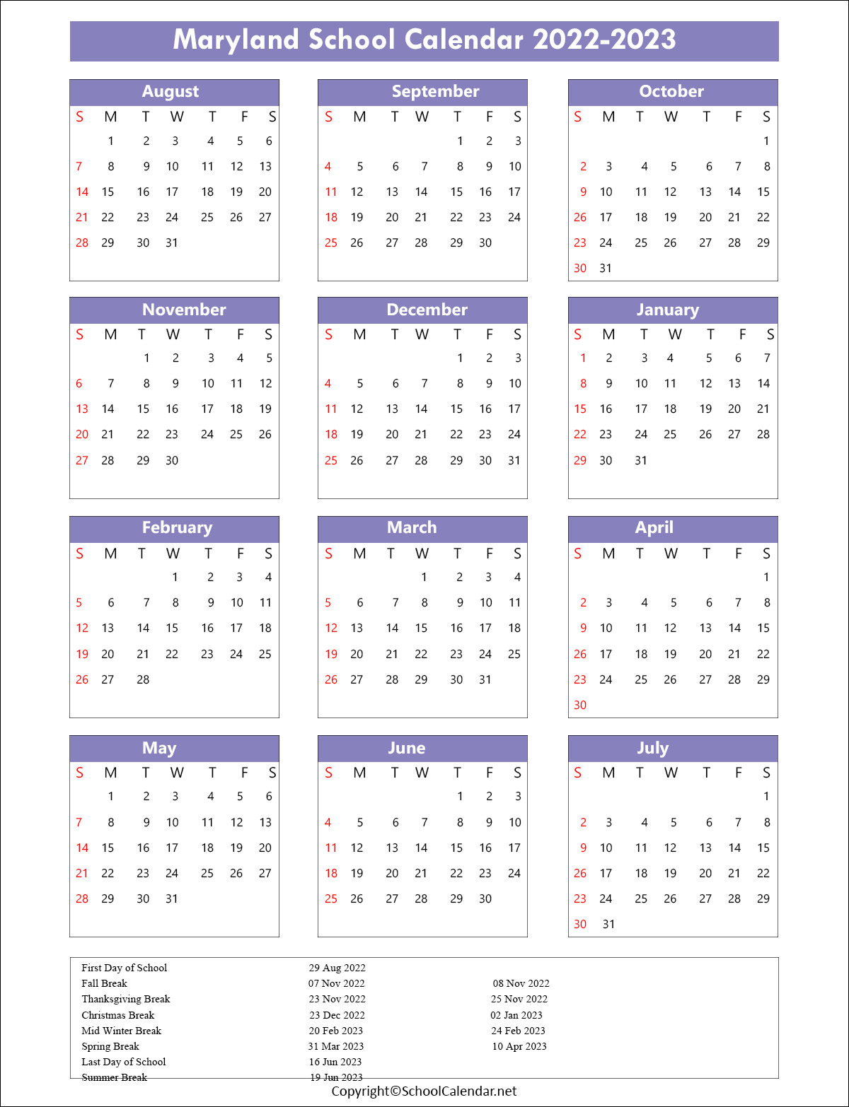 Maryland School Calendar 2022
