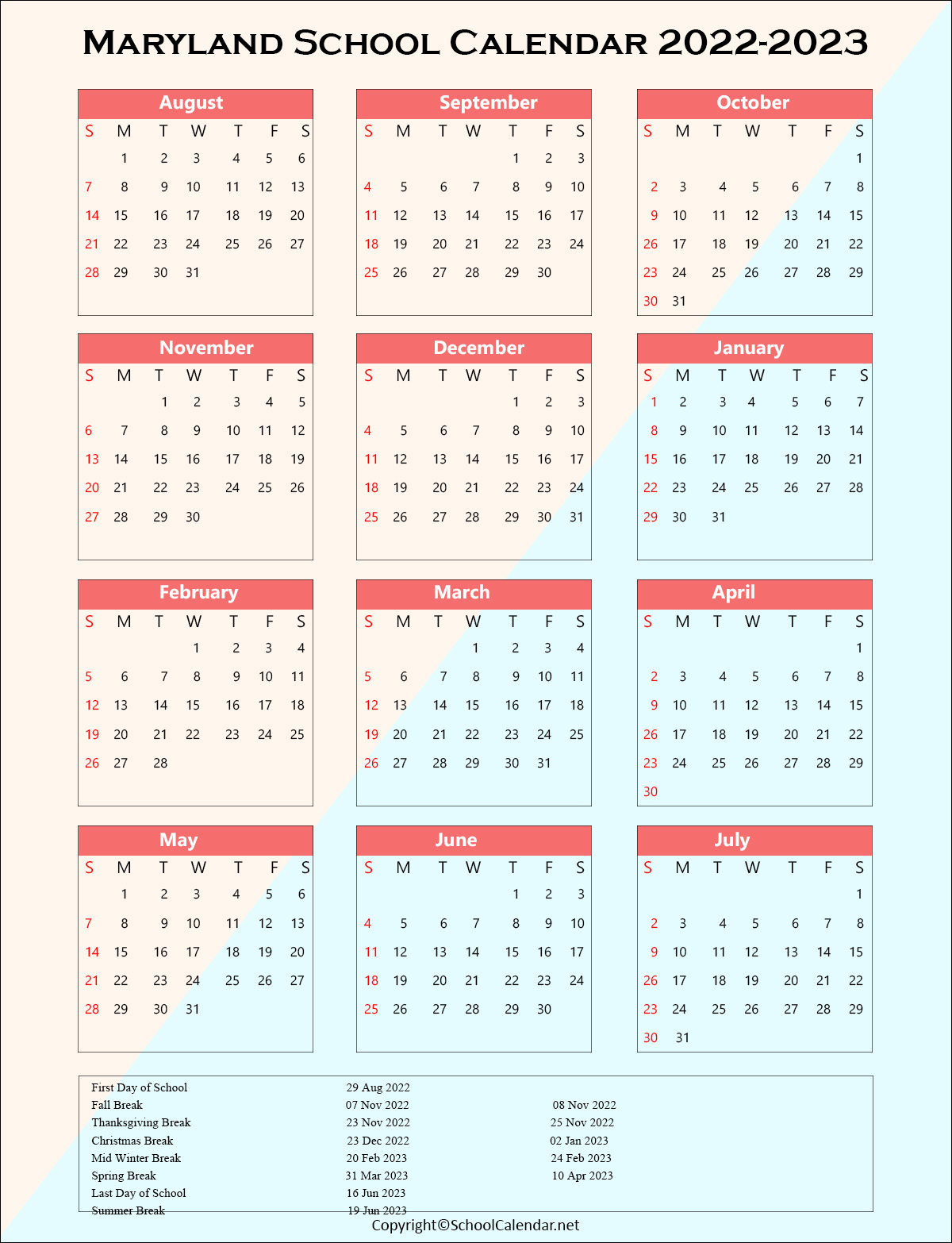Maryland School Holiday Calendar 2022