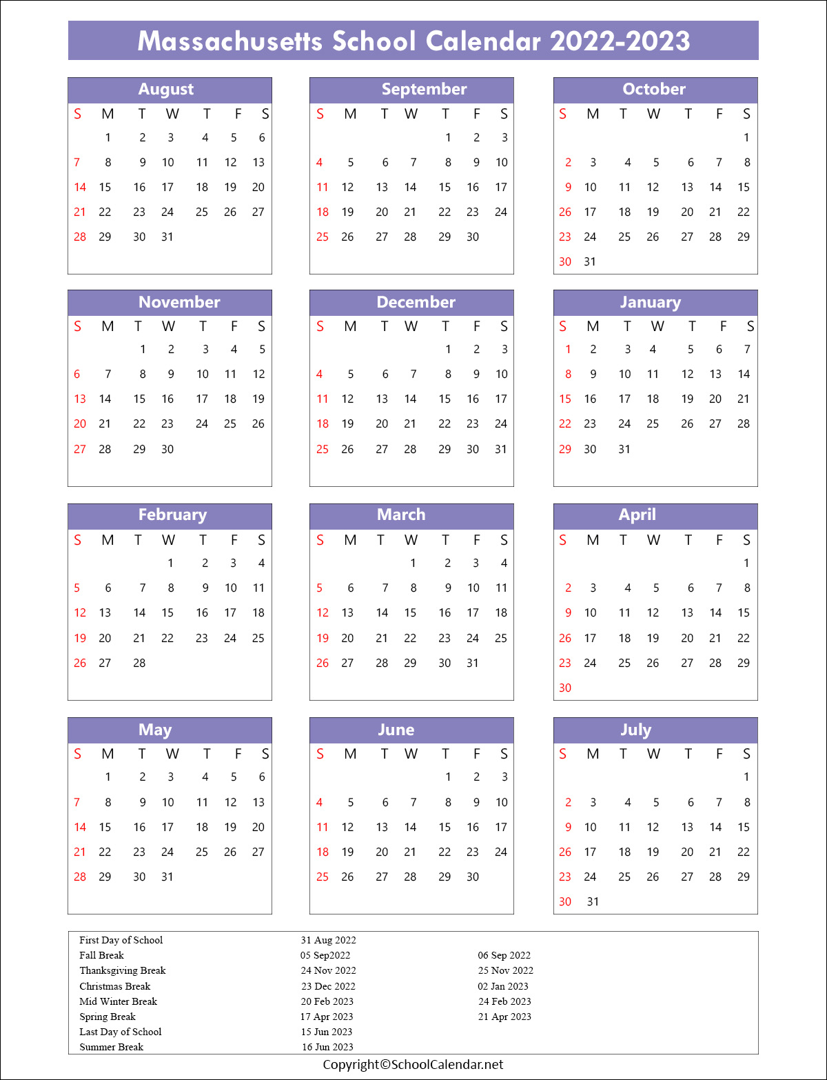 Massachusetts School Calendar 2022