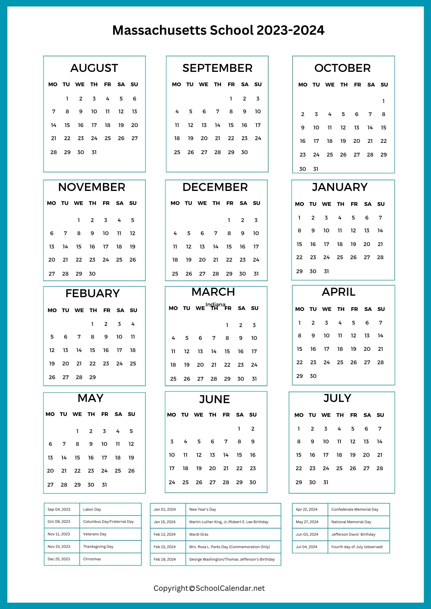 Massachusetts School Holiday Calendar 2023
