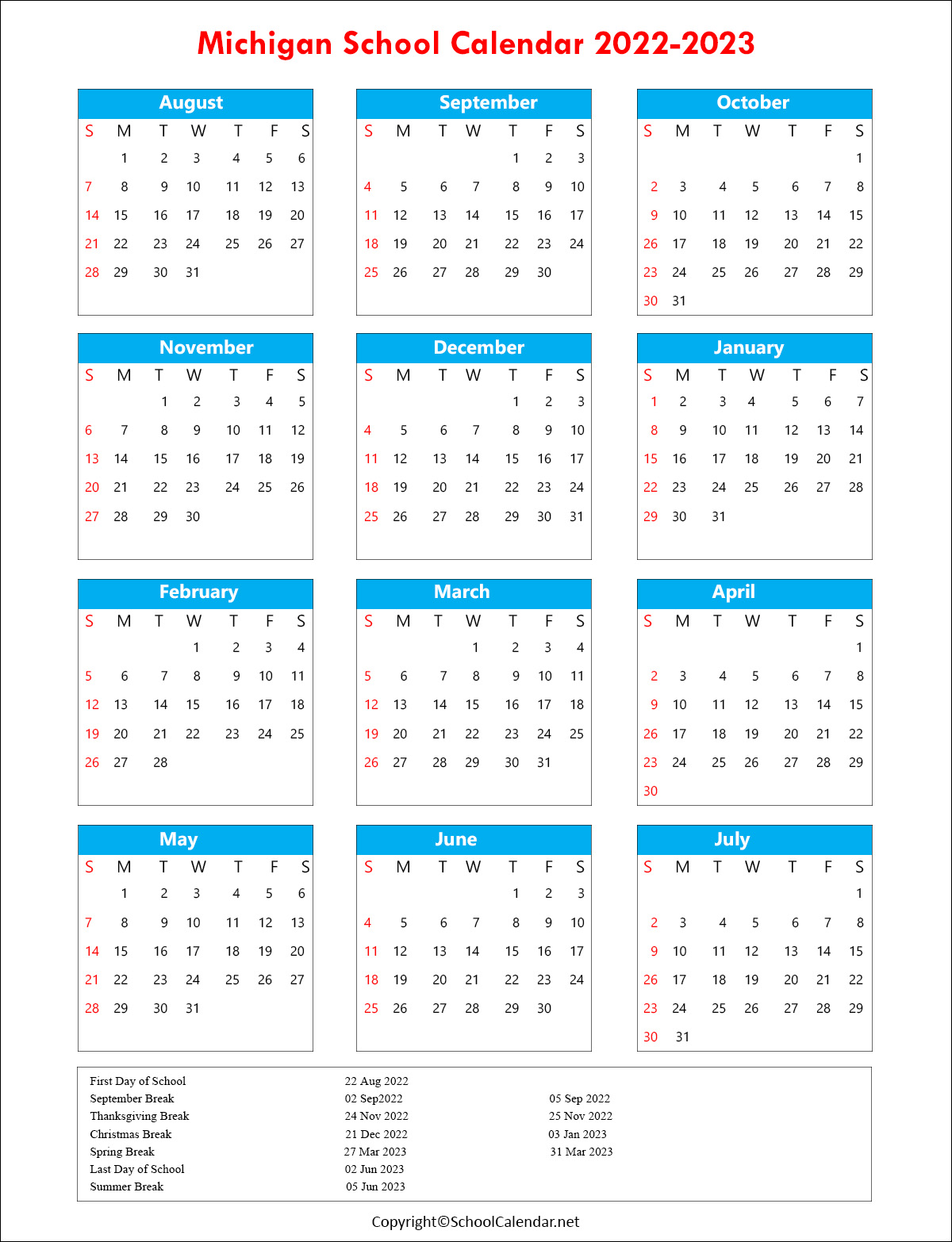 Michigan School Holiday Calendar 2022