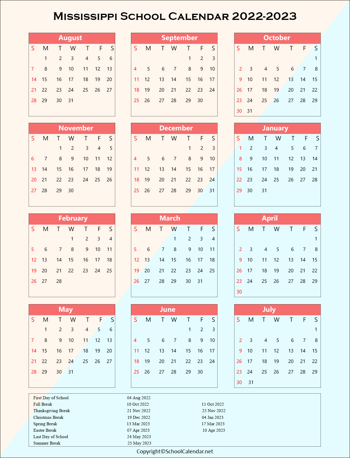 Mississippi School Holiday Calendar 2022