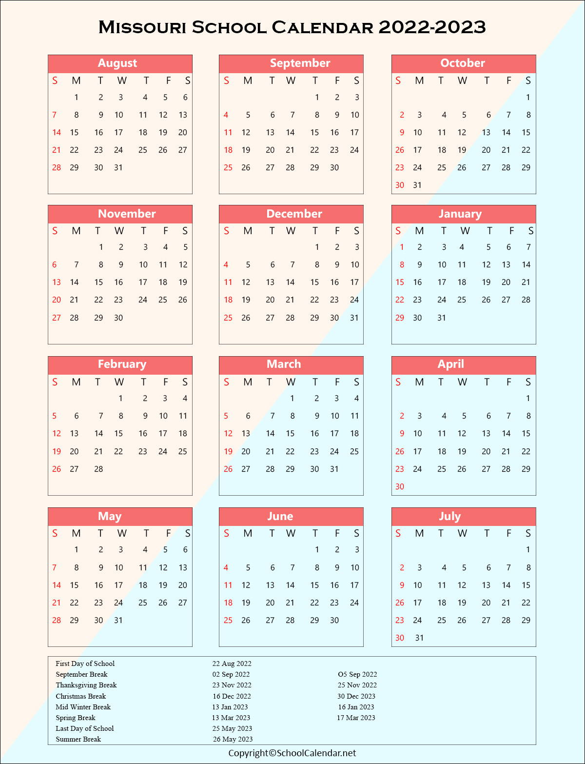 Missouri School Holiday Calendar 2022