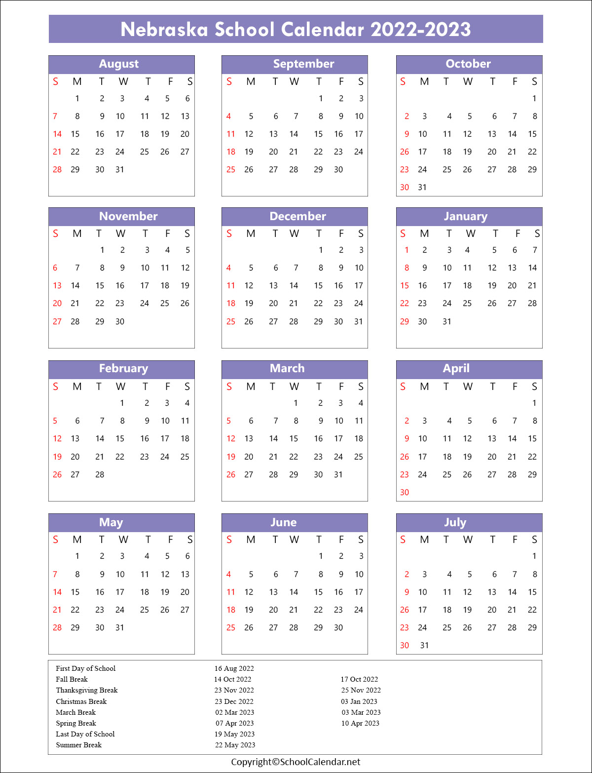 Nebraska School Calendar 2022