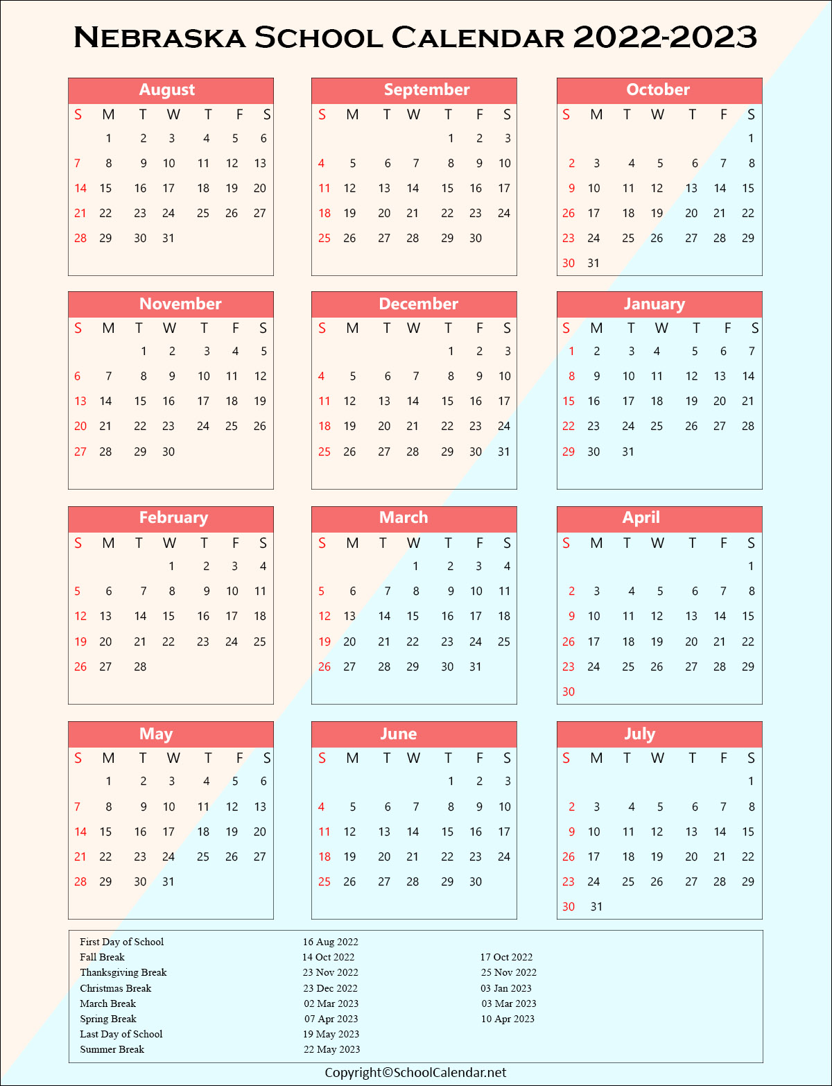 Nebraska School Holiday Calendar 2022