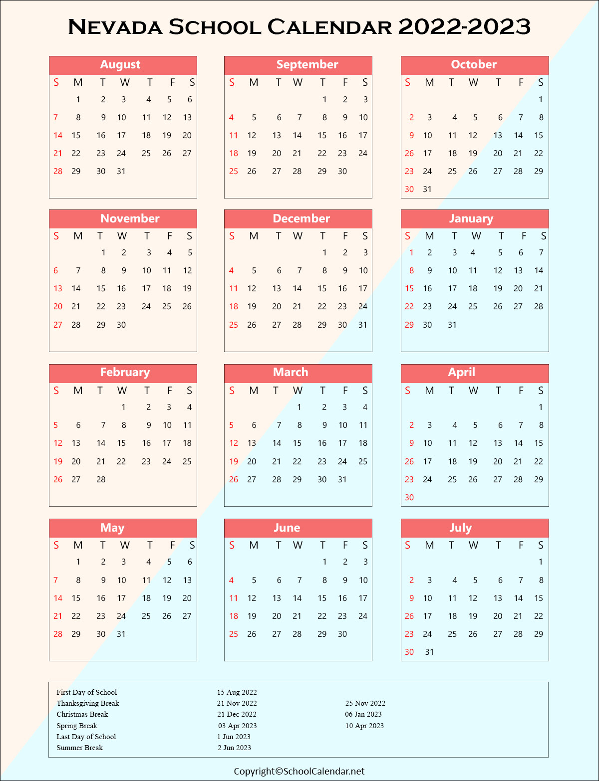 Nevada School Holiday Calendar 2022