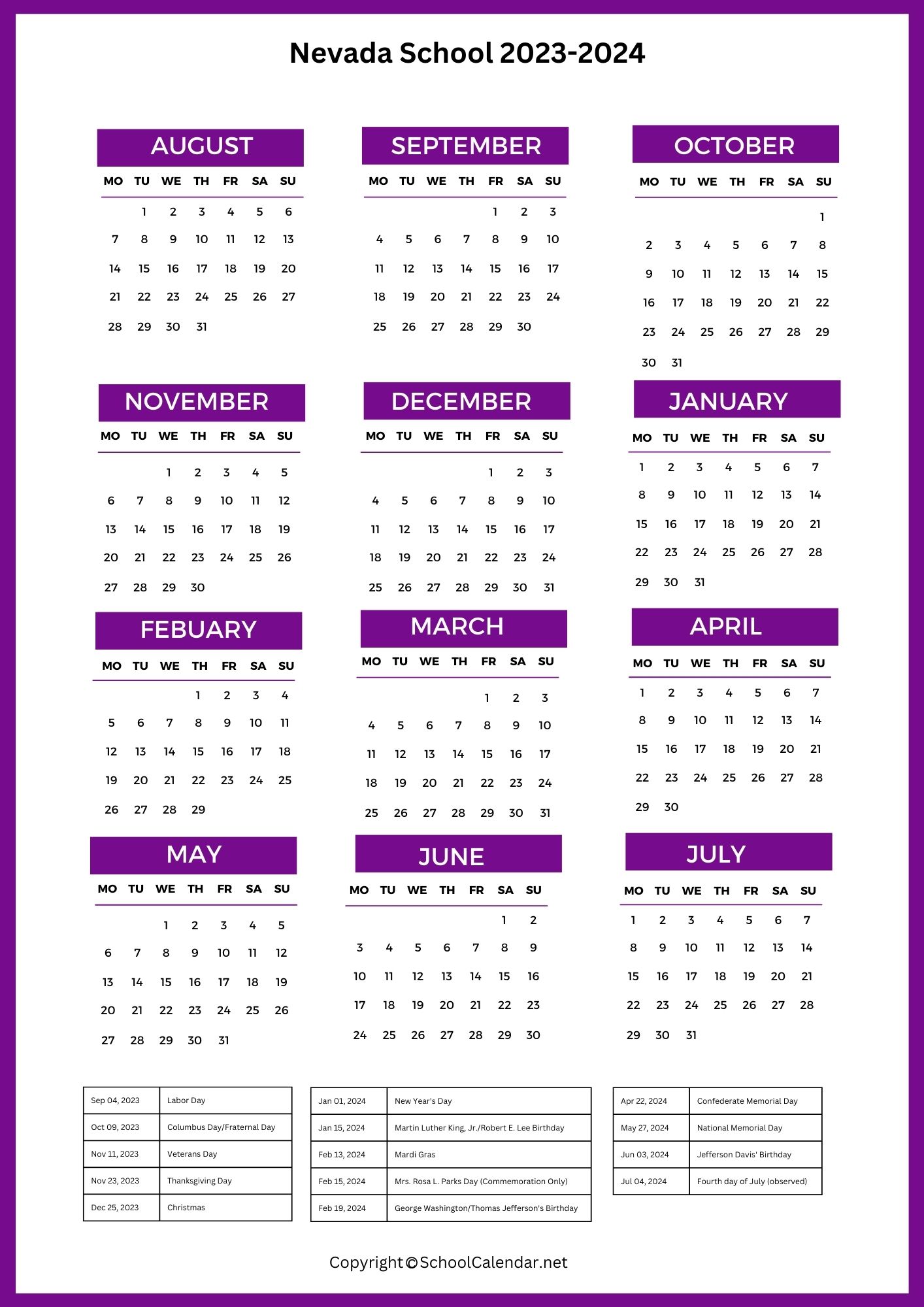 Nevada School Holiday Calendar 2023
