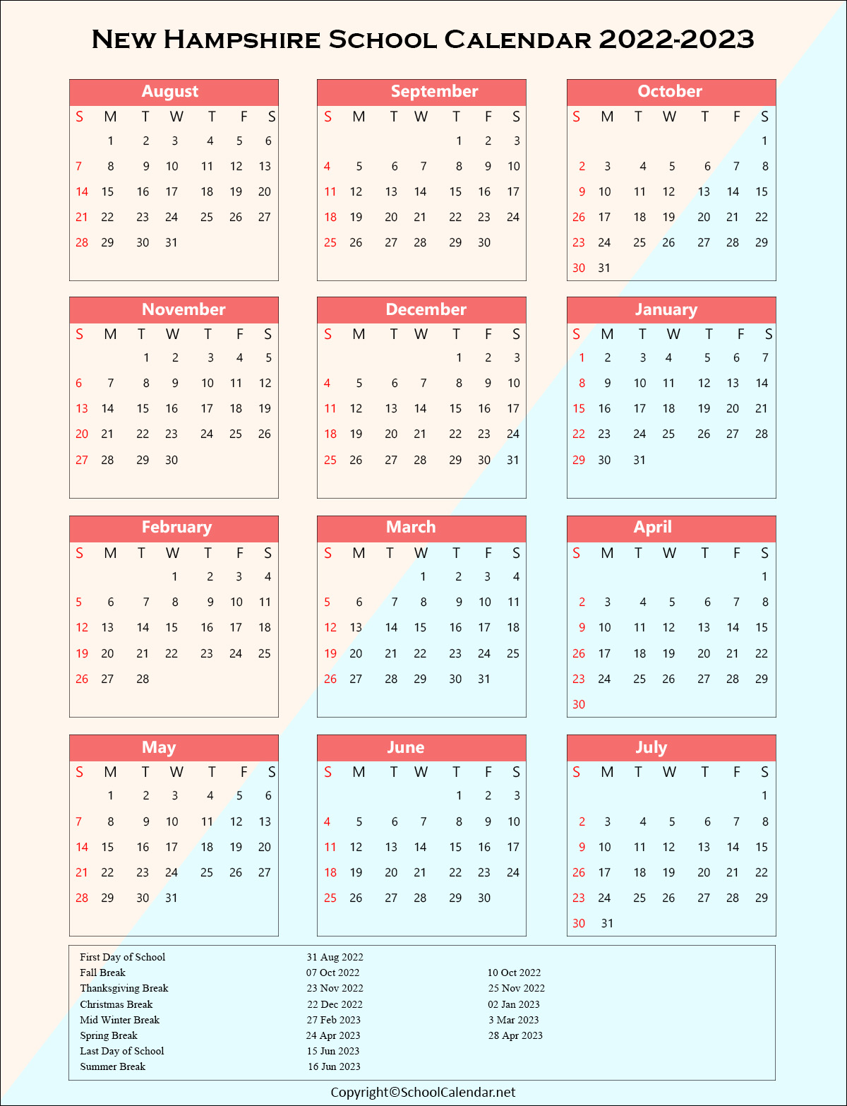 New-Hampshire School Holiday Calendar 2022