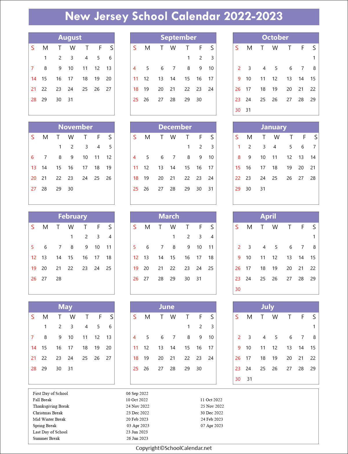 New-Jersey School Calendar 2022