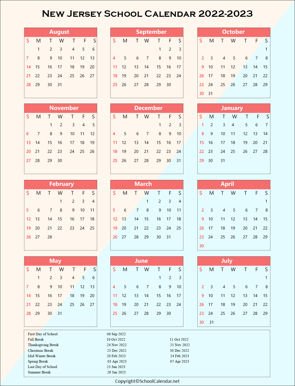 New-Jersey School Holiday Calendar 2022
