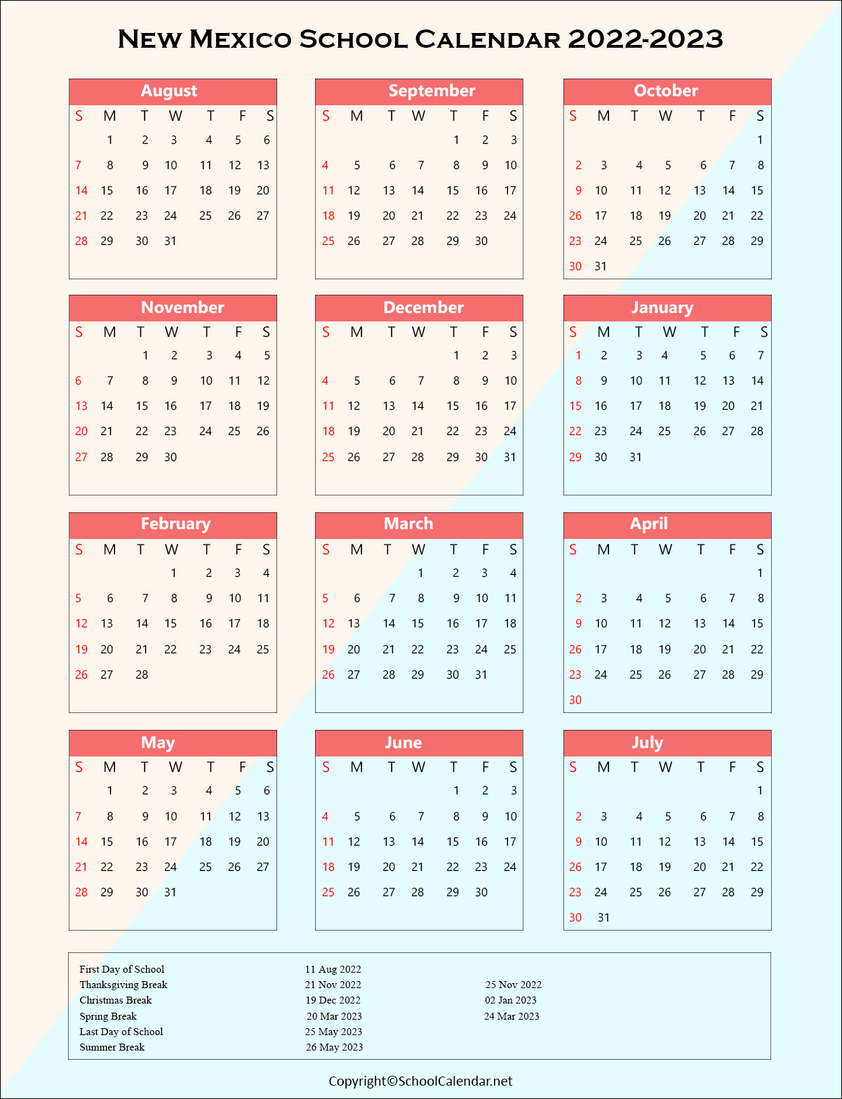 New-Mexico School Holiday Calendar 2022