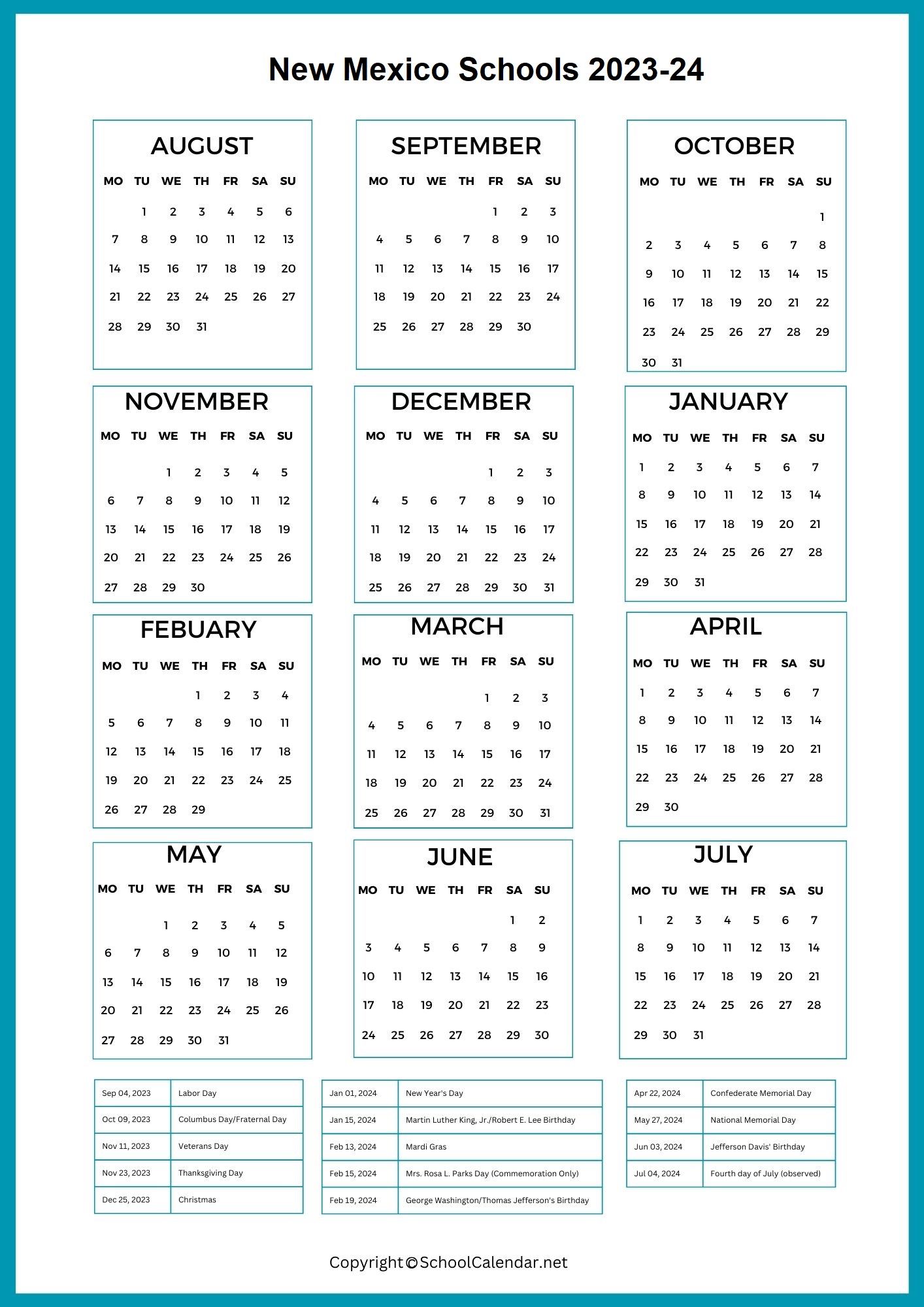 New-Mexico School Holiday Calendar 2023