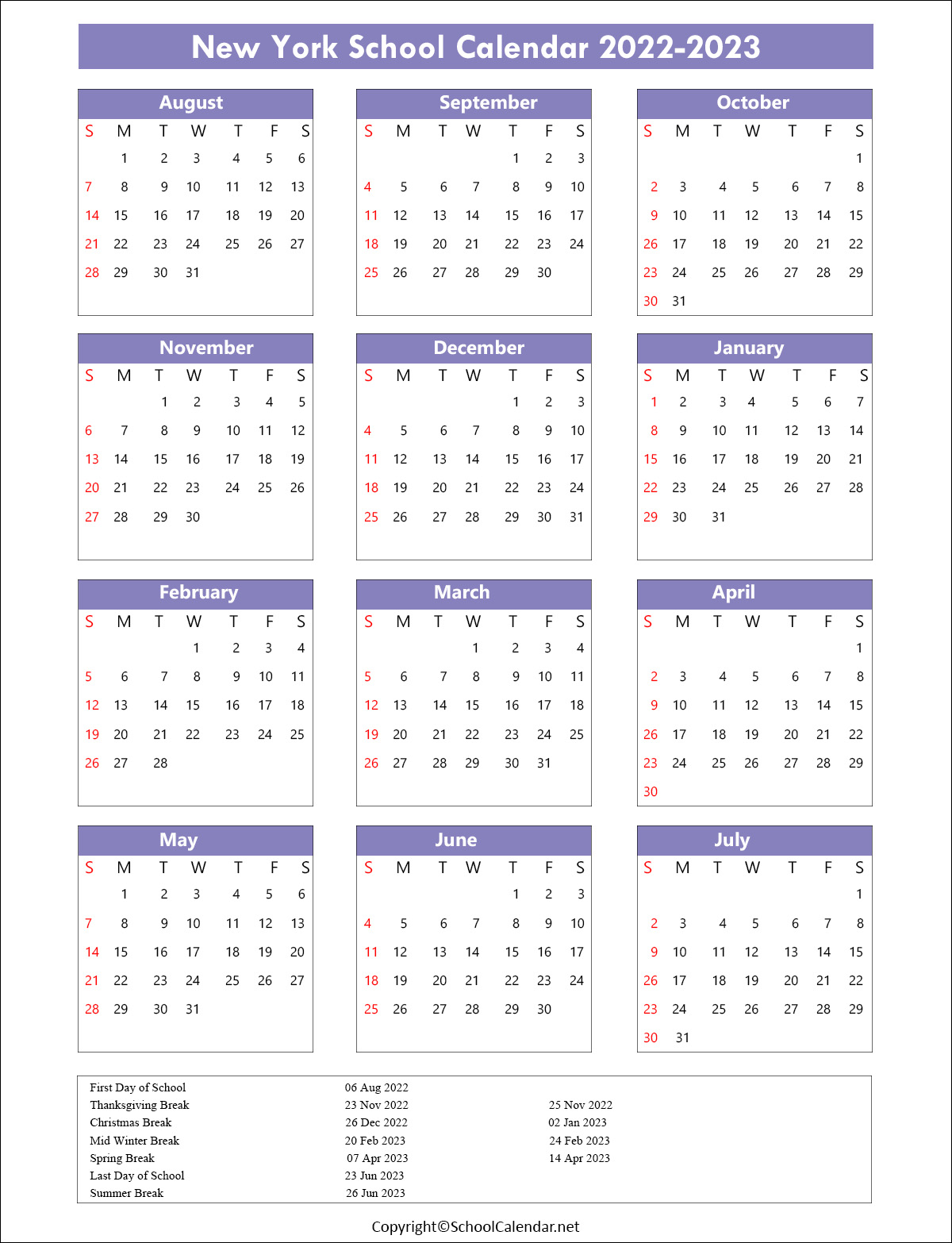 New-York School Calendar 2022
