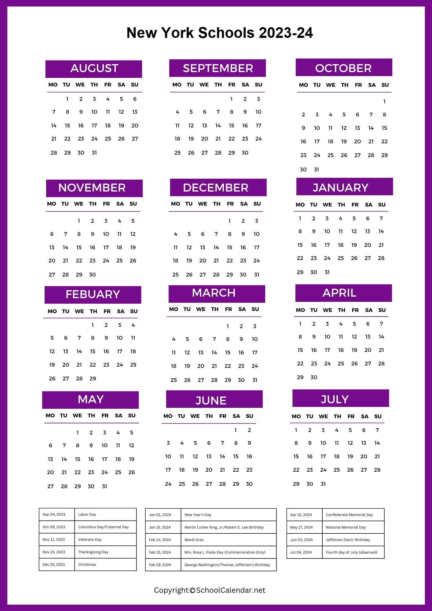 New-York School Calendar 2023