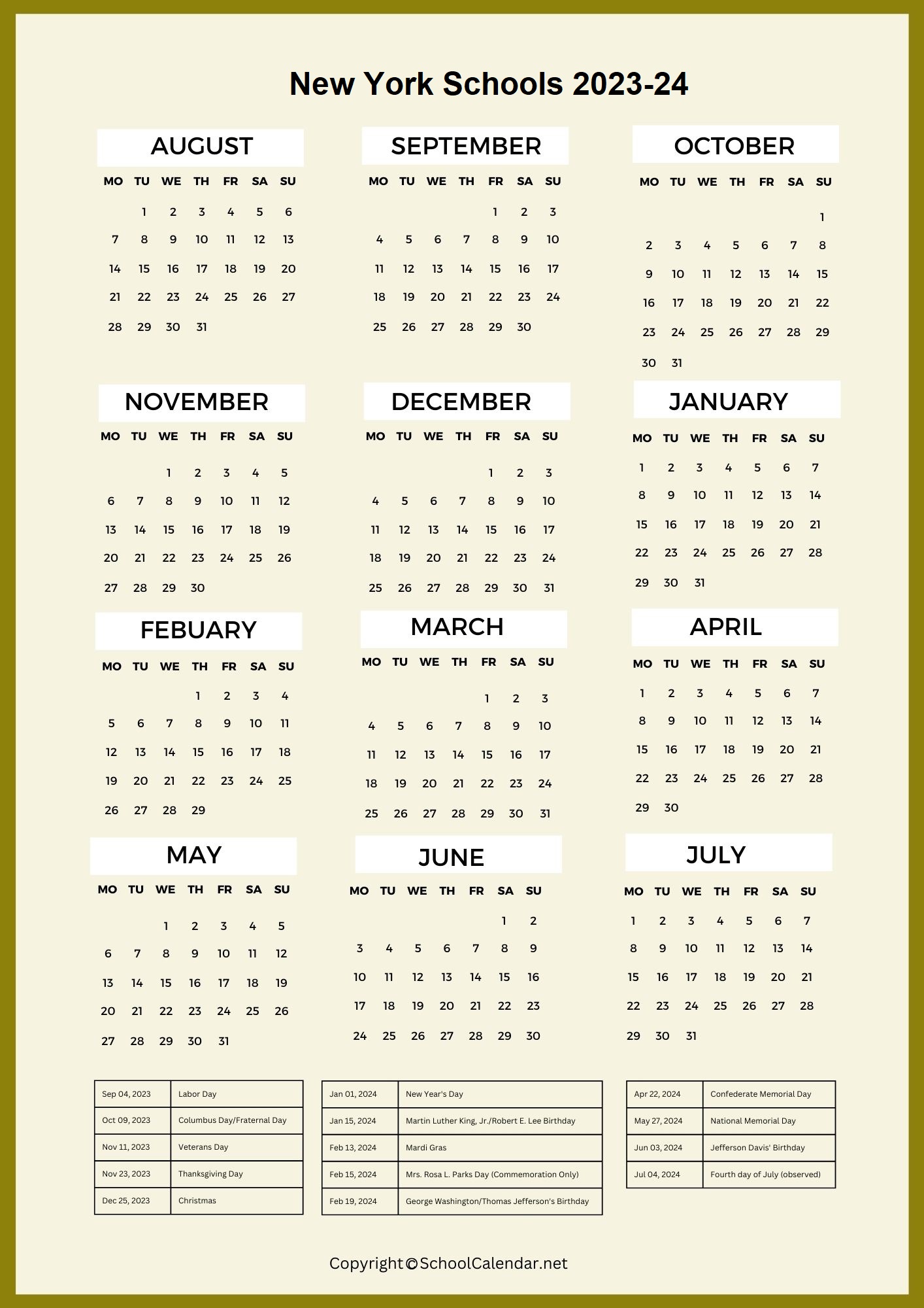 New-York School Holiday Calendar 2023