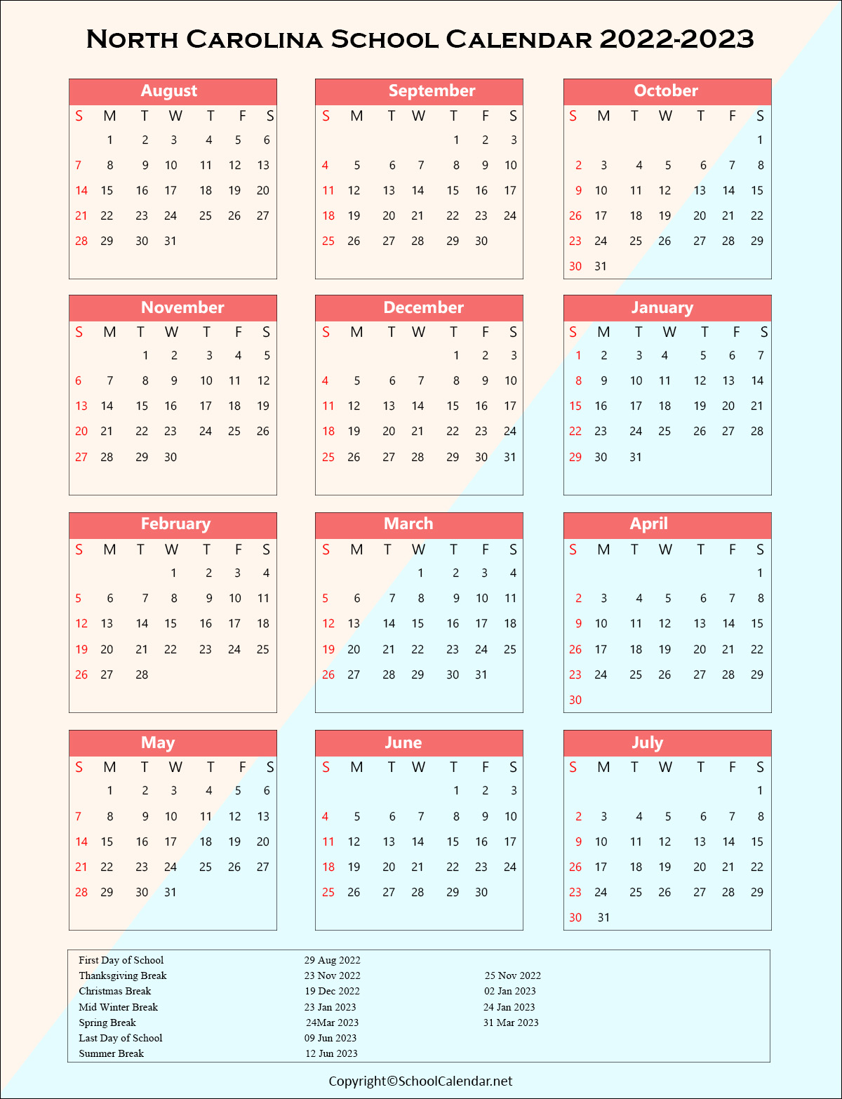 North-Carolina School Holiday Calendar 2022