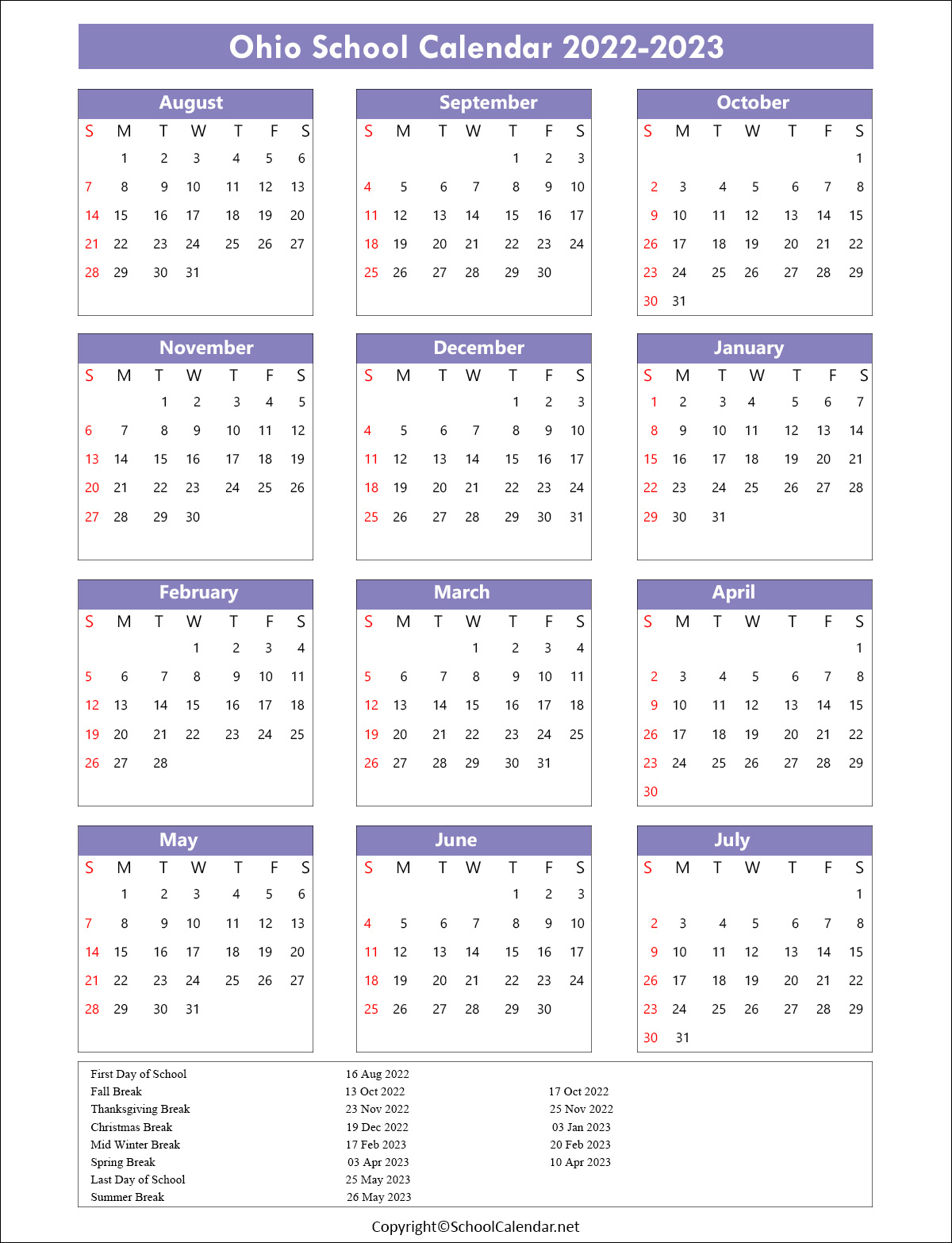 Ohio School Calendar 2022