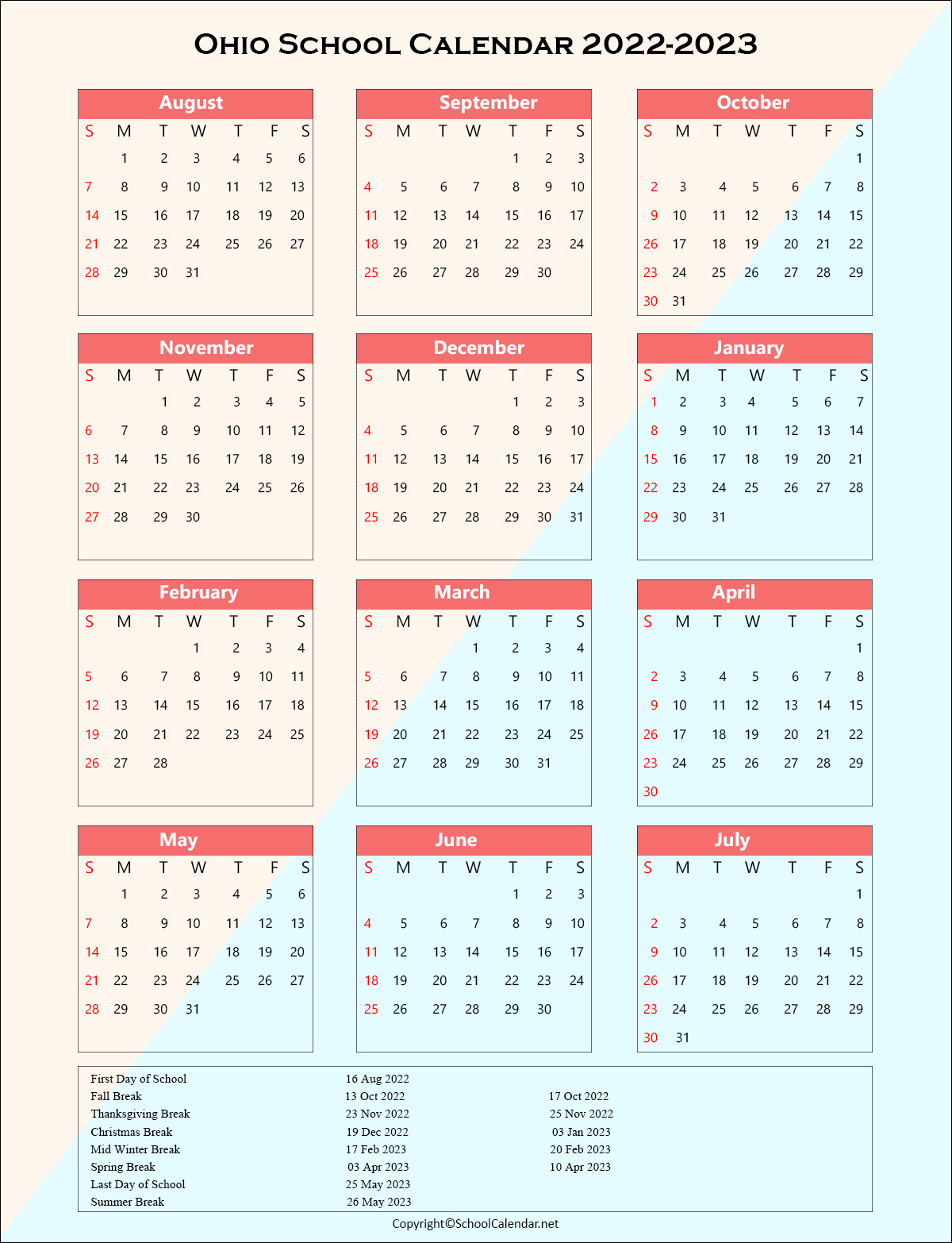 Ohio School Holiday Calendar 2022