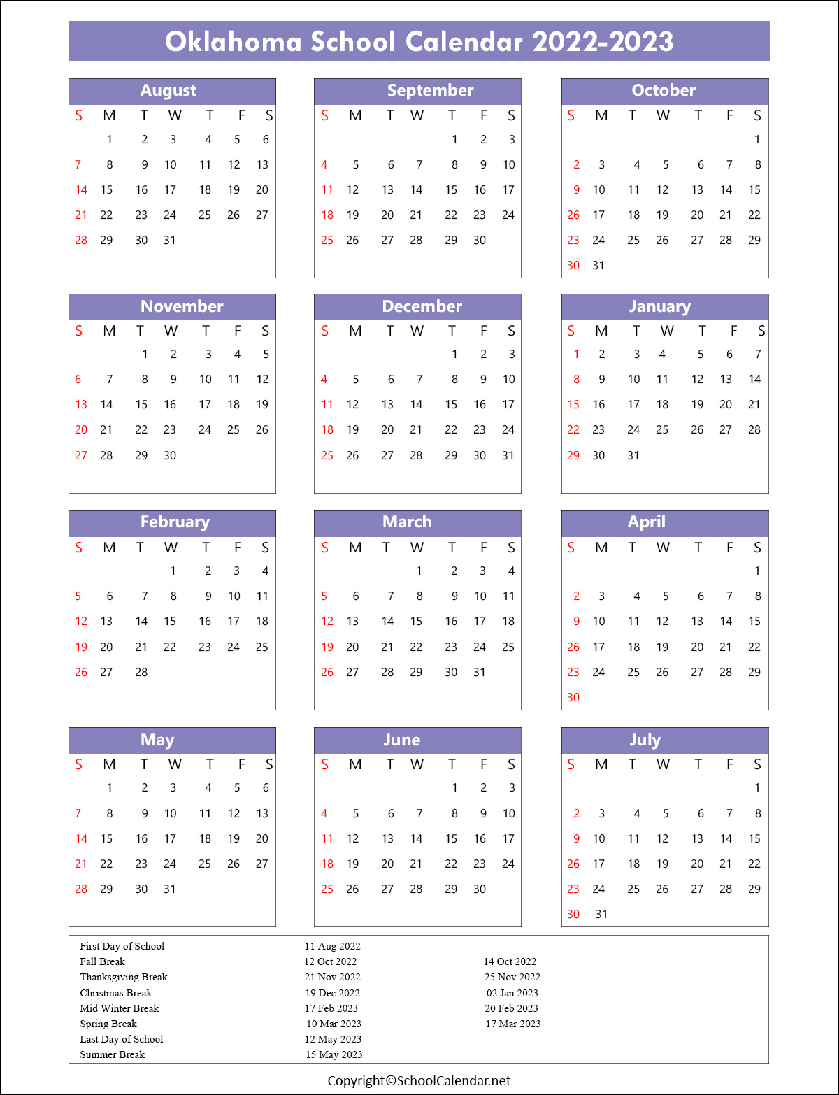 Oklahoma School Calendar 2022
