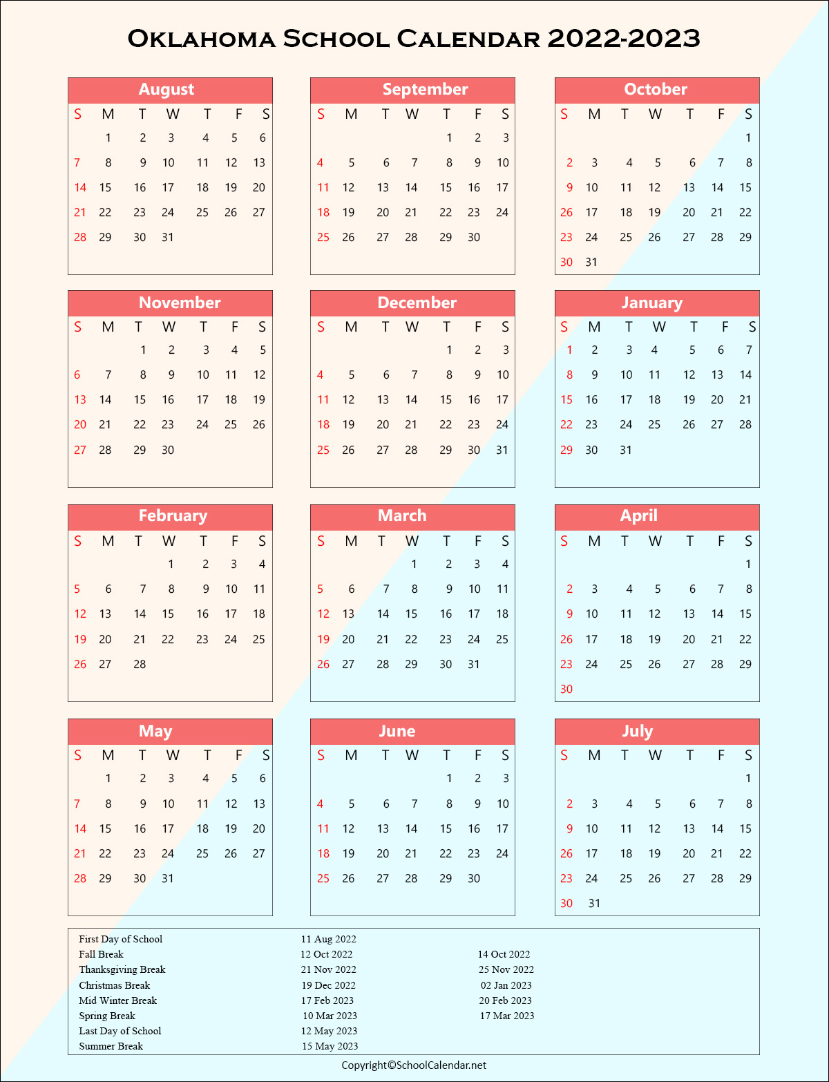 Oklahoma School Holiday Calendar 2022