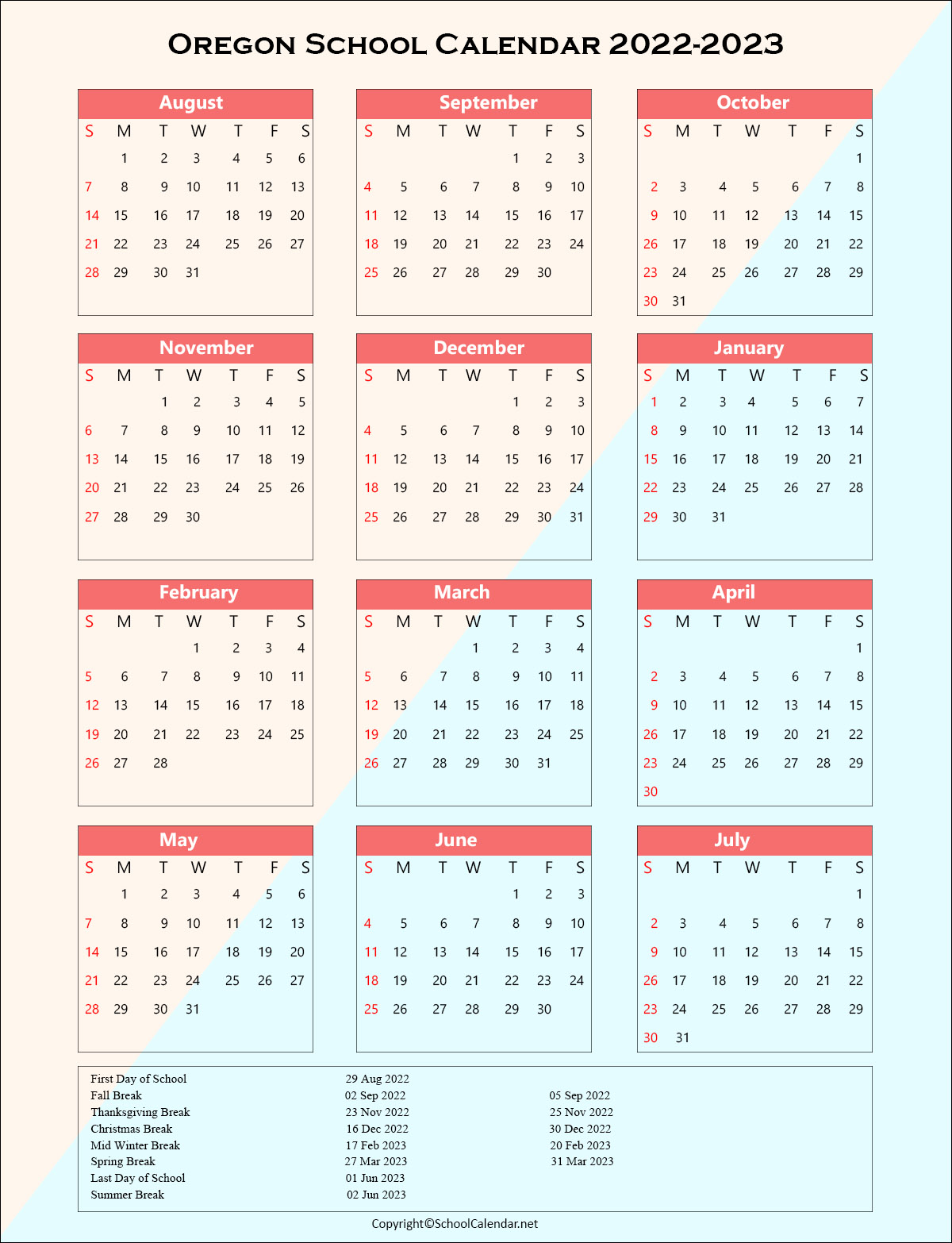 Oregon School Holiday Calendar 2022